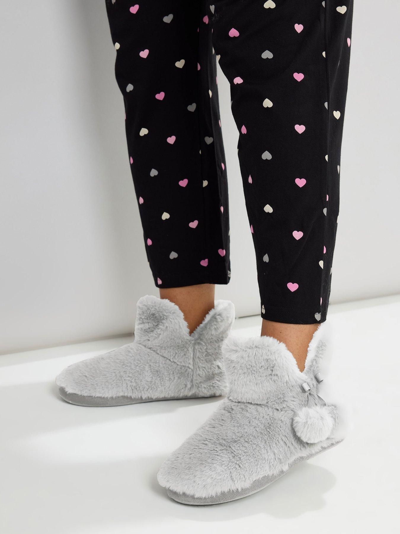 Image 4 of 4 of Yours Curve Pom Pom Faux Fur Slipper Boot - Grey