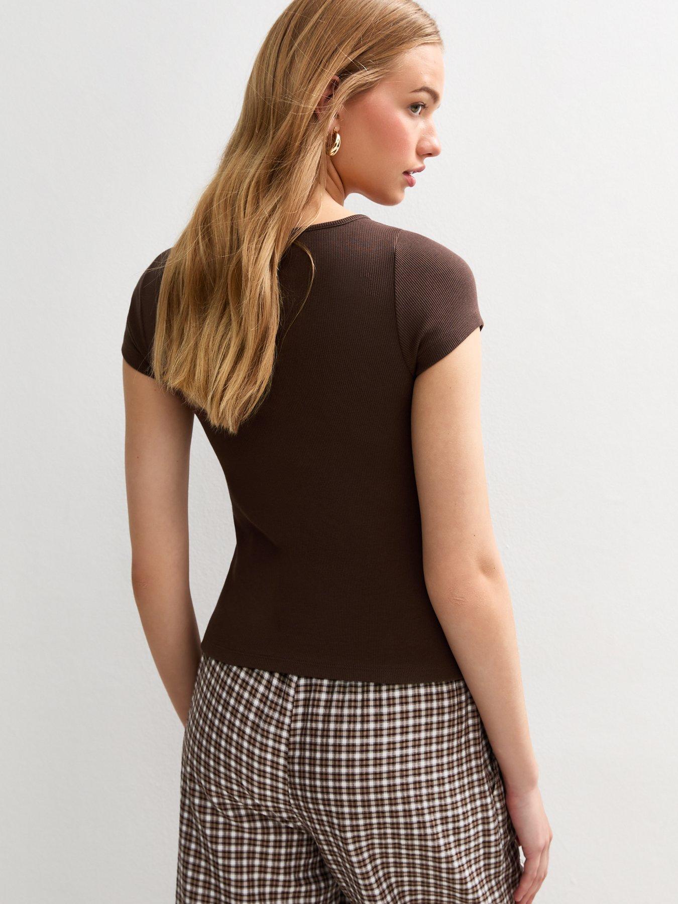 Image 2 of 4 of New Look Brown Ribbed Button Up Baby Tee