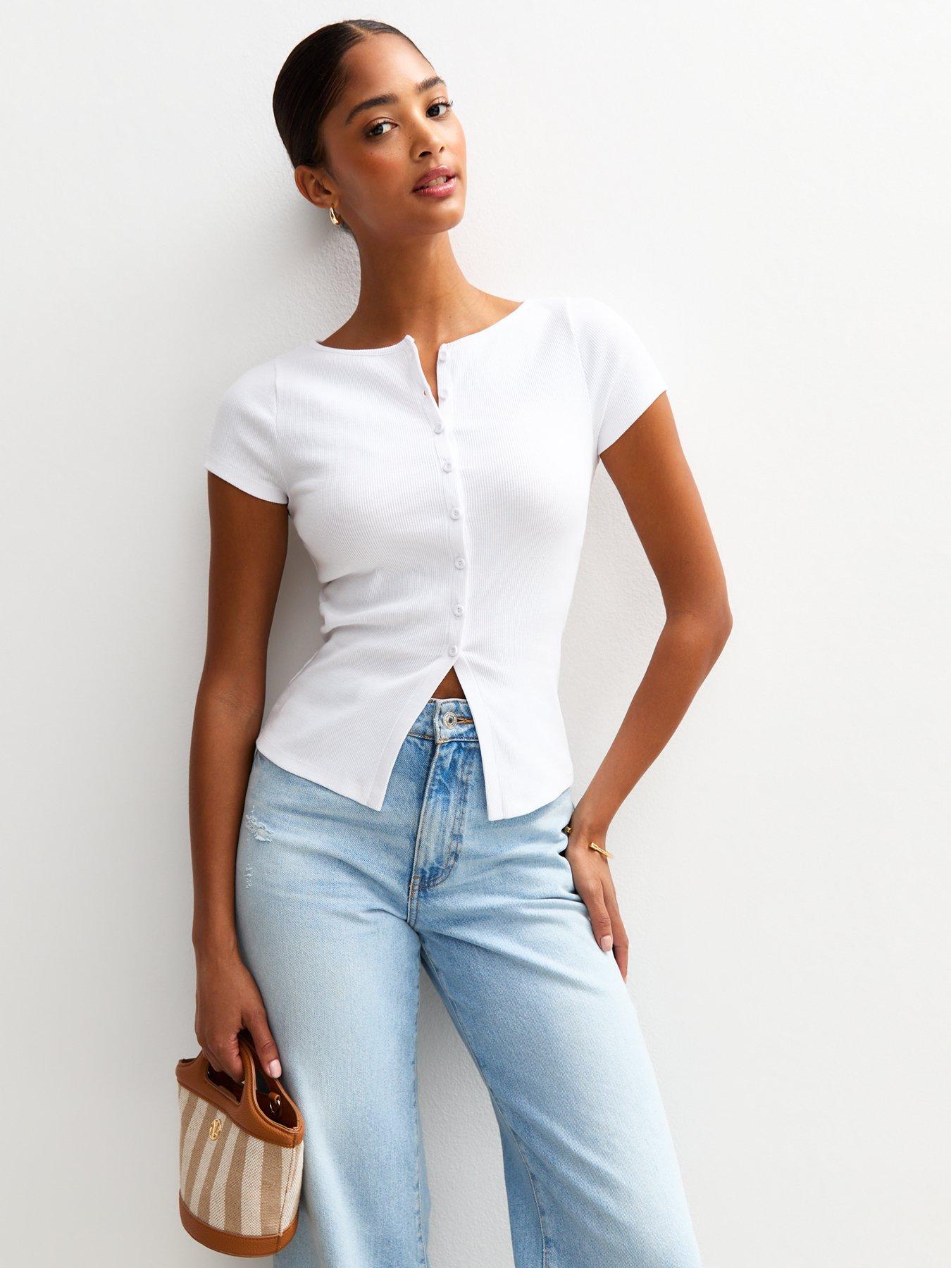  image of new-look-white-ribbed-button-up-baby-tee