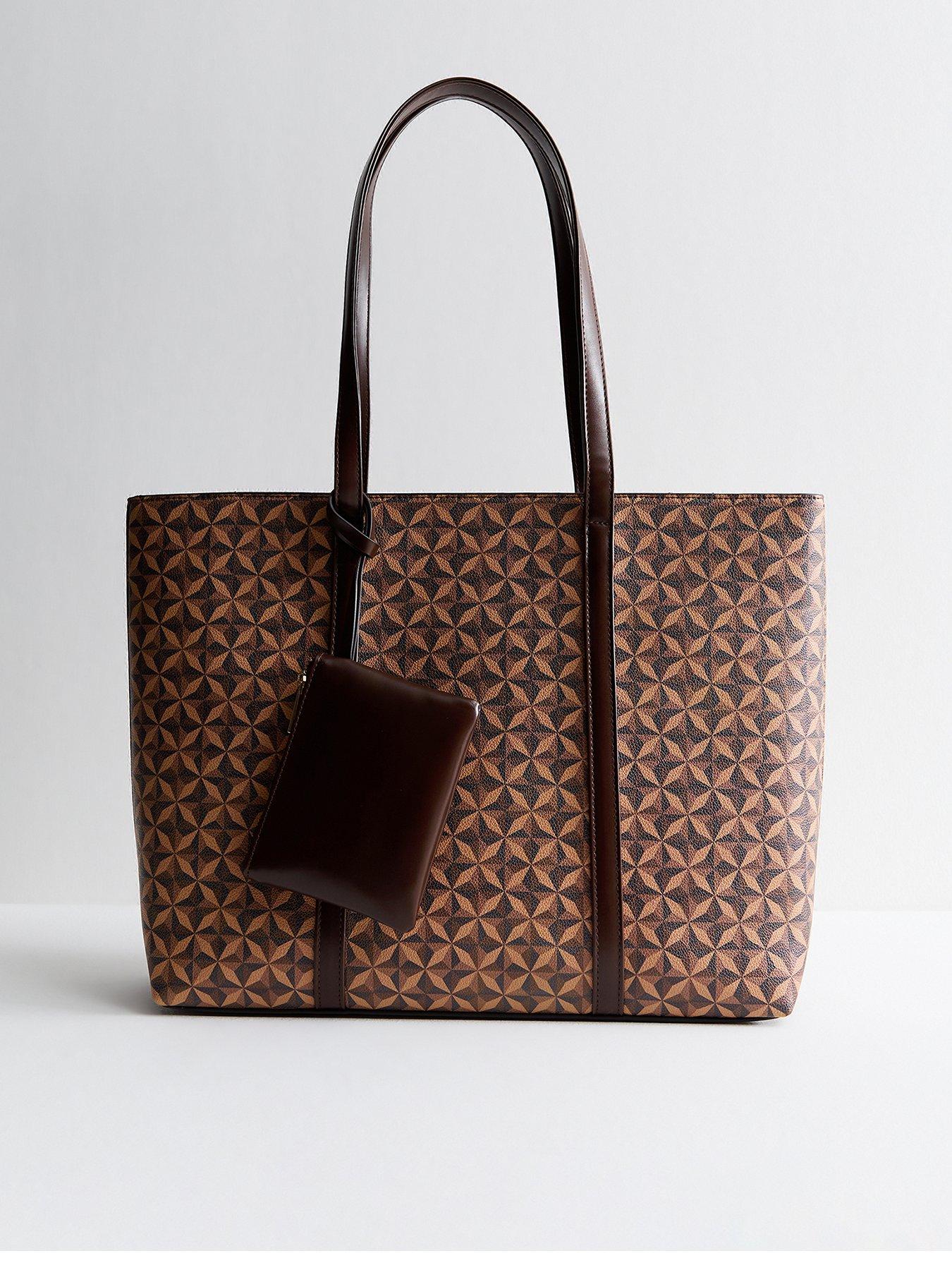 Image 1 of 4 of New Look Brown Faux Leather Geometric Printed Tote Bag