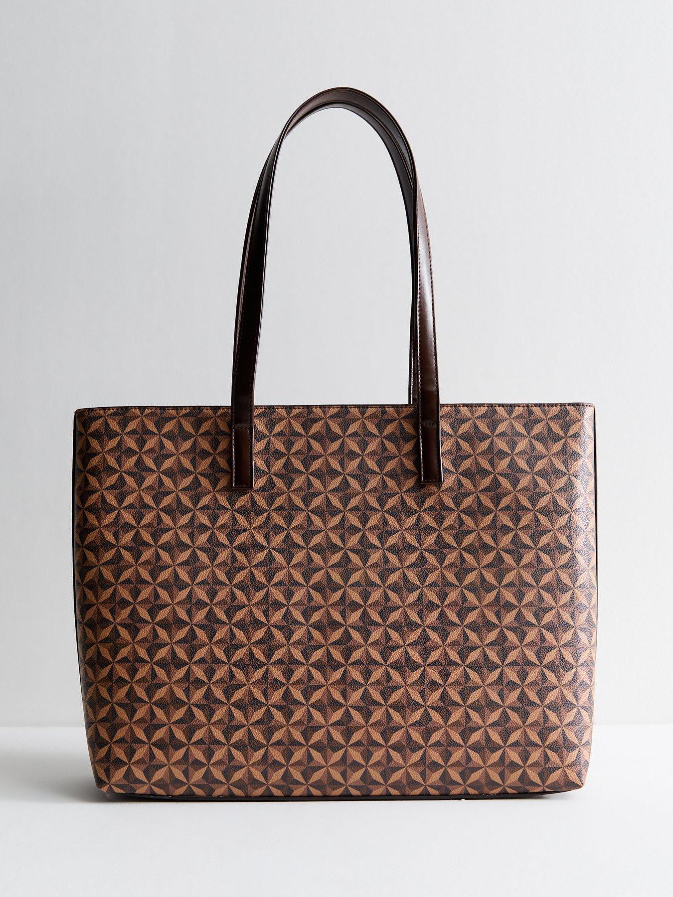 Image 2 of 4 of New Look Brown Faux Leather Geometric Printed Tote Bag