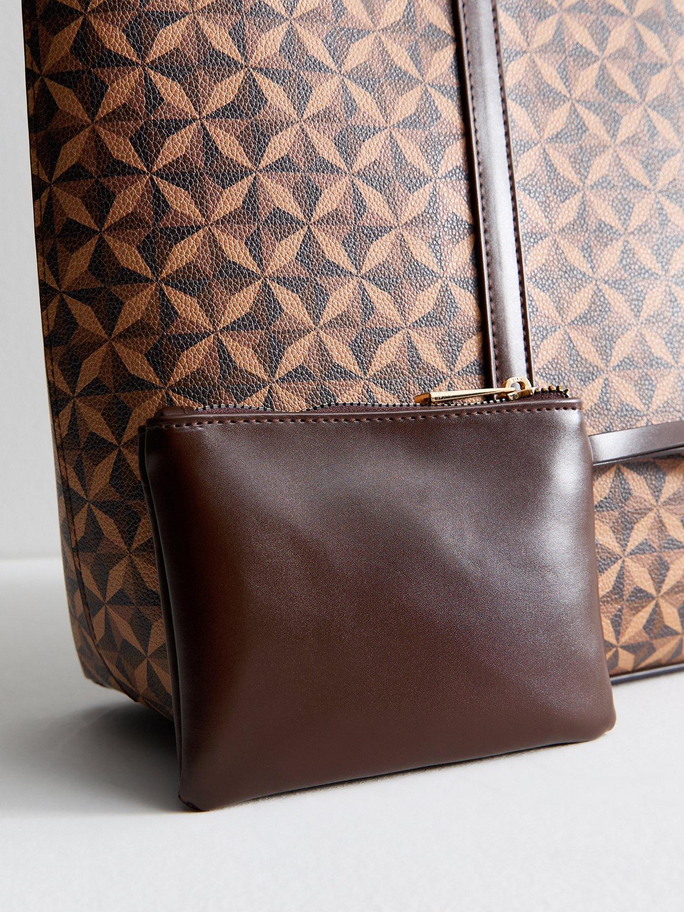 Image 3 of 4 of New Look Brown Faux Leather Geometric Printed Tote Bag