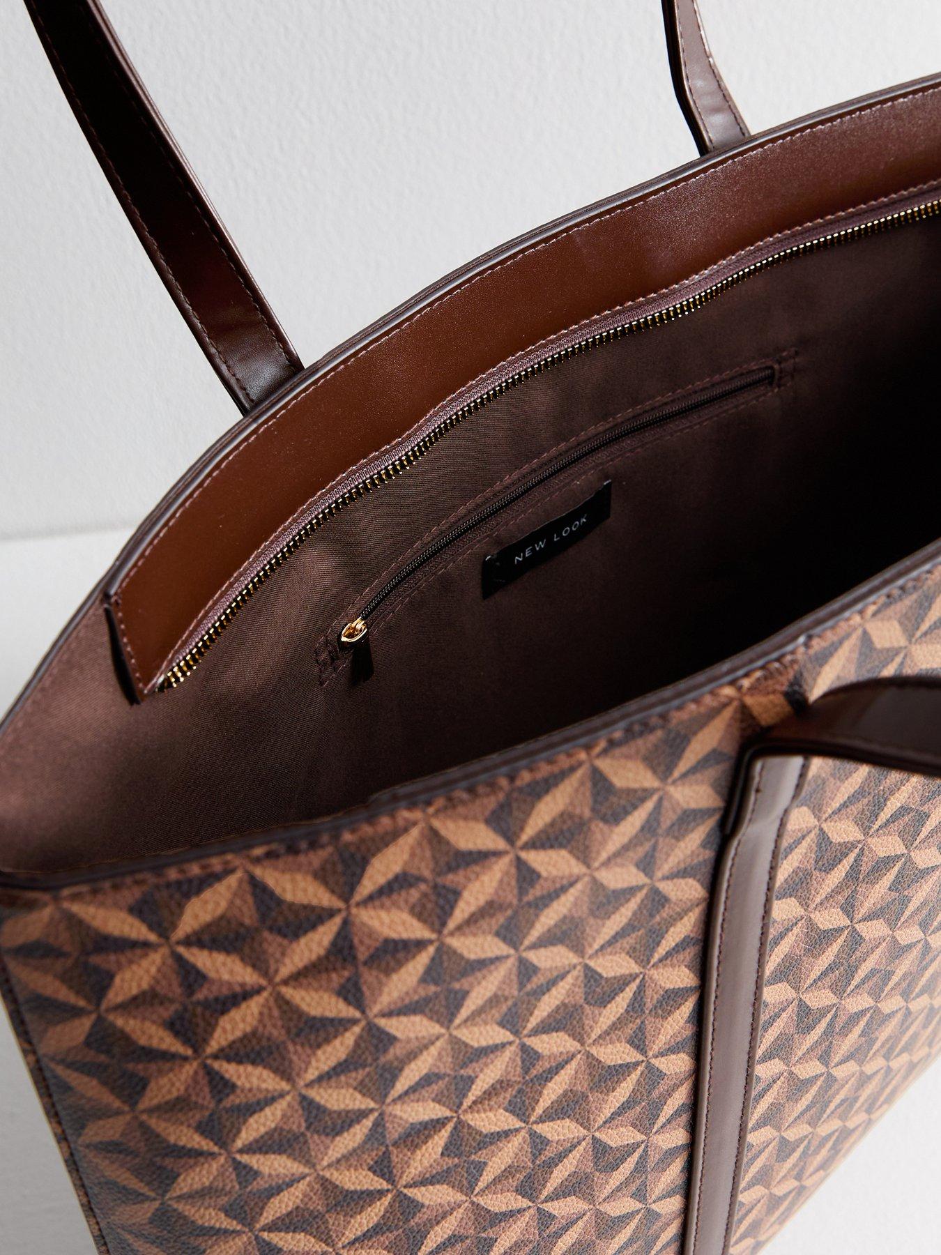  image of new-look-faux-leather-geometric-printed-tote-bag-brown