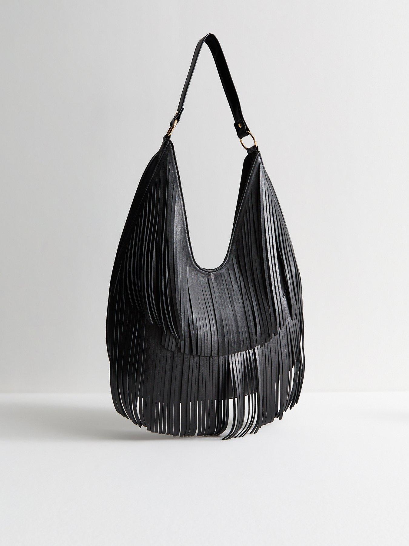 New Look Black Faux Leather Fringe Scoop Shoulder Bag