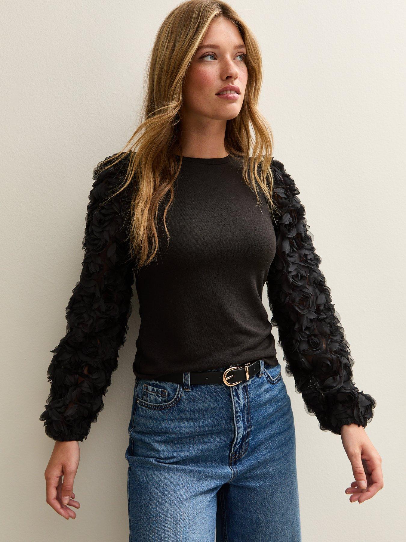 undefined Black Rose Appliqued Sleeve Top