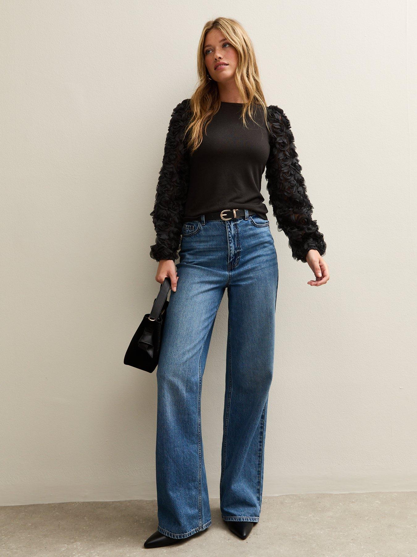 Image 3 of 4 of New Look Black Rose Appliqued Sleeve Top