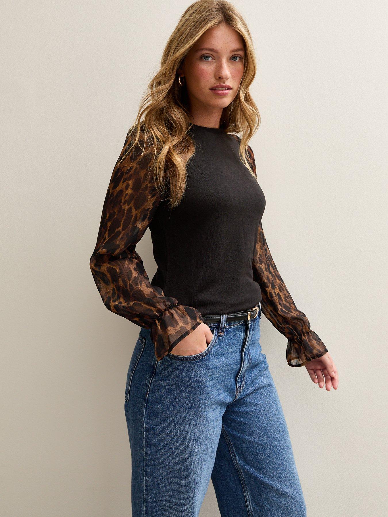 undefined Animal Print Chiffon Sleeve Top - Black