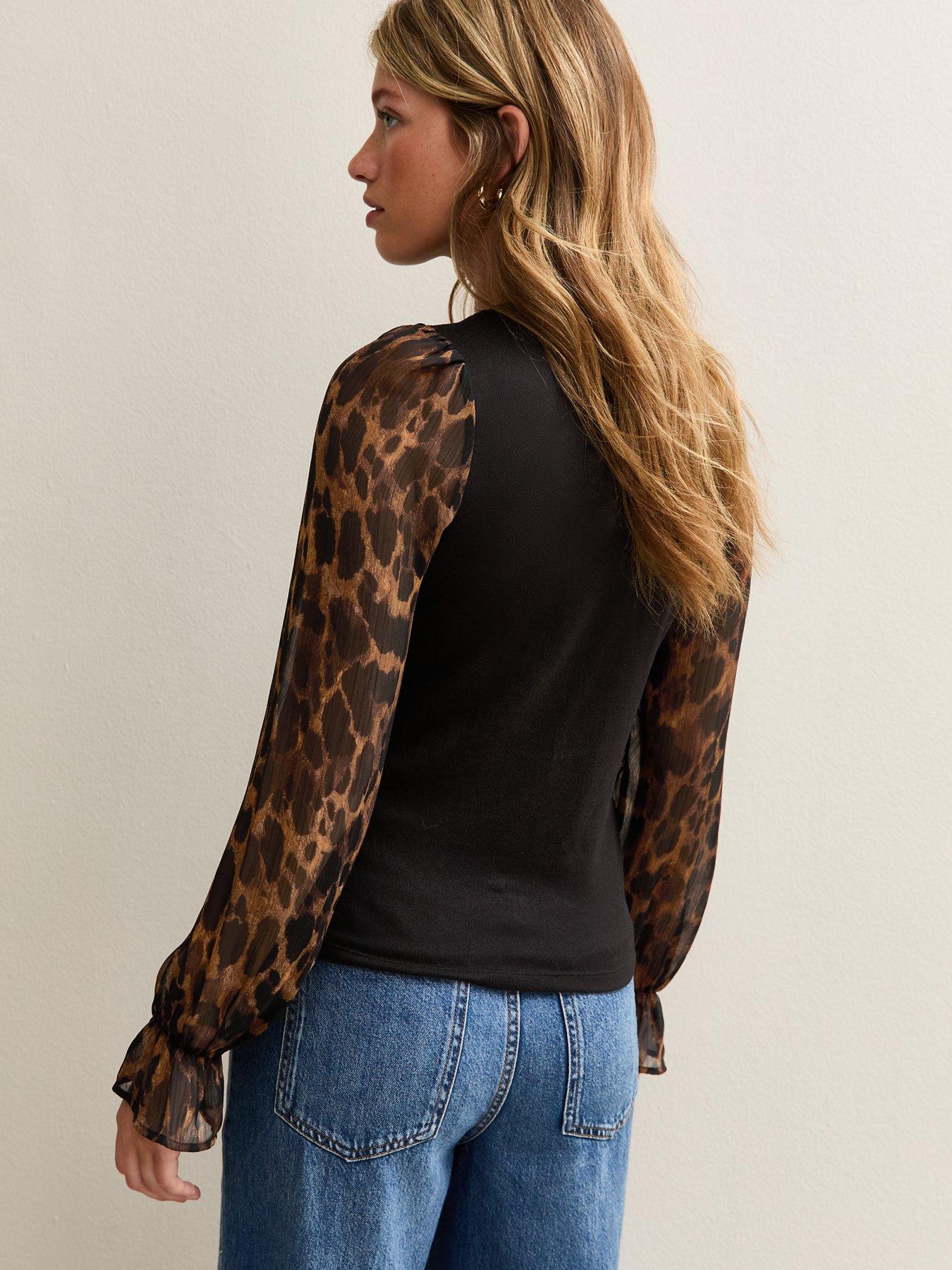 Image 2 of 4 of New Look Animal Print Chiffon Sleeve Top - Black