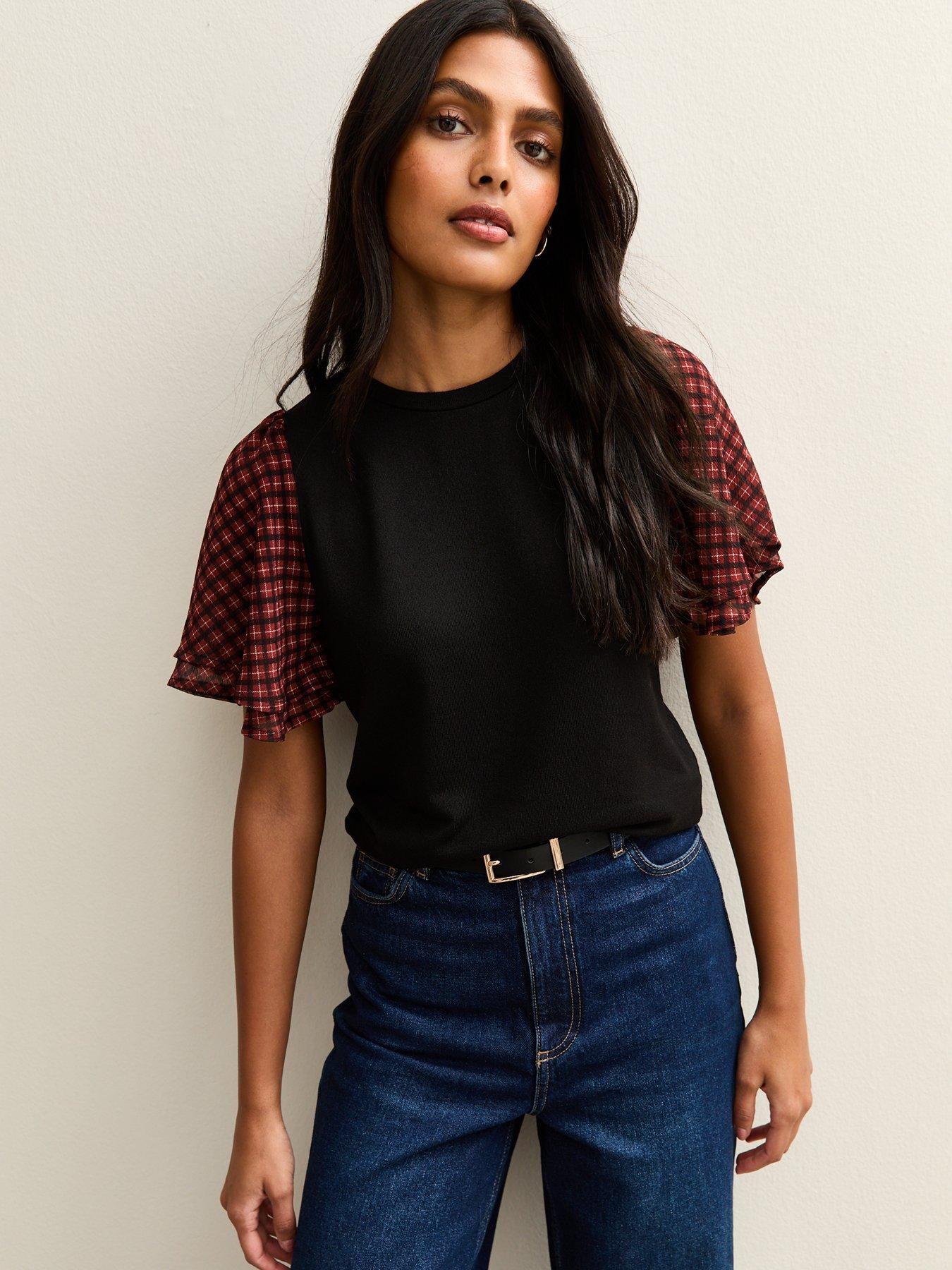undefined Soft Touch Checked Sleeve Top - Black