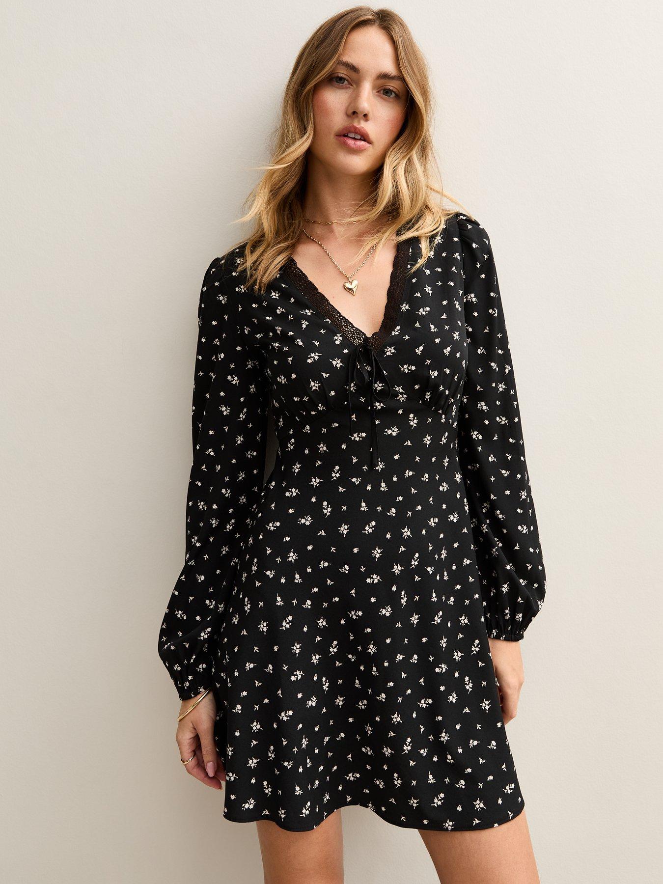 undefined Ditsy Long Sleeve Trim Mini Dress - Black