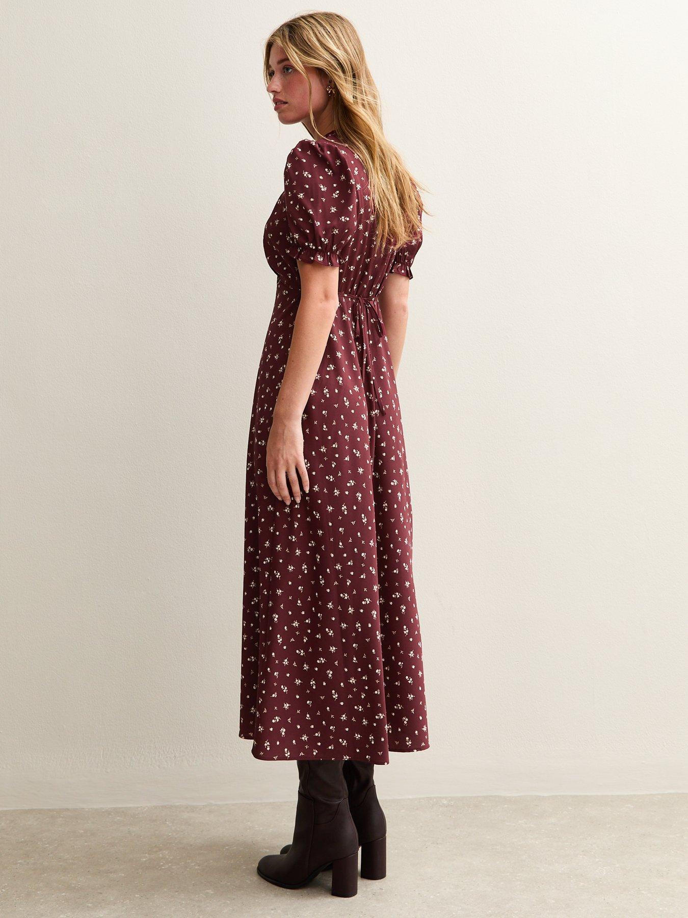 Image 2 of 4 of New Look Ditsy Print Puff Sleeve Midi Dress - Red