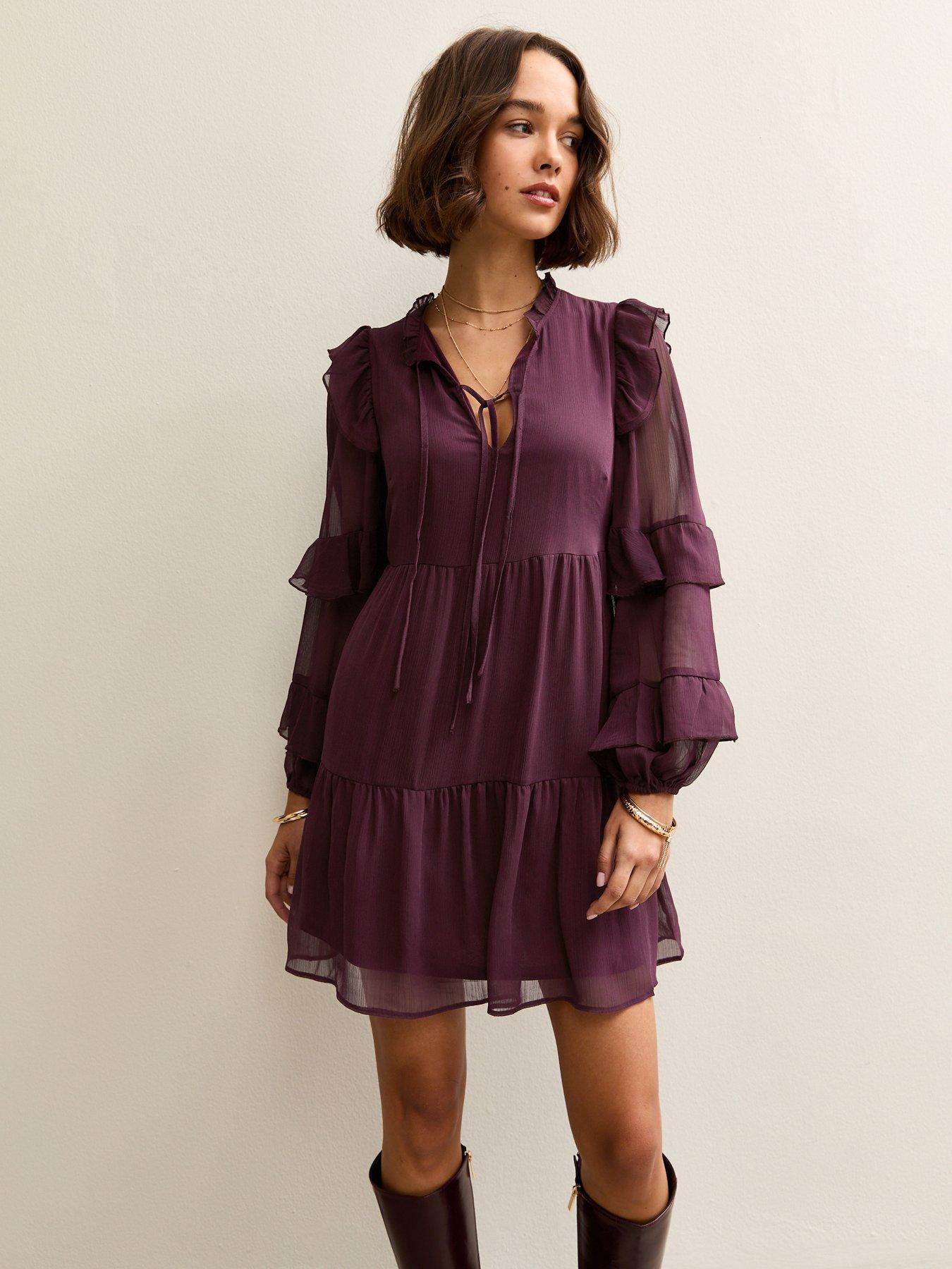  image of new-look-burgundy-ruffle-trim-chiffon-tiered-mini-dress