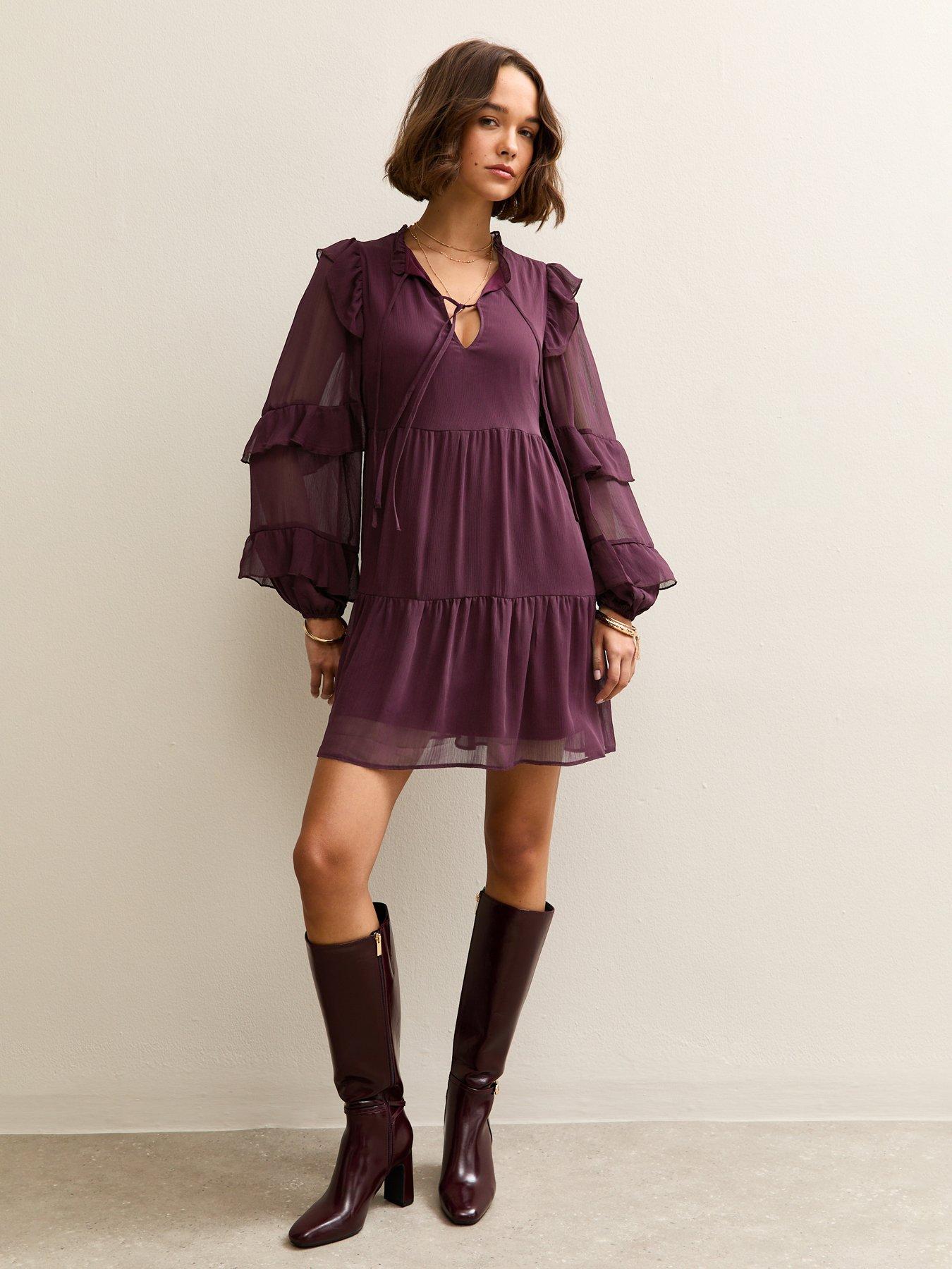  image of new-look-burgundy-ruffle-trim-chiffon-tiered-mini-dress