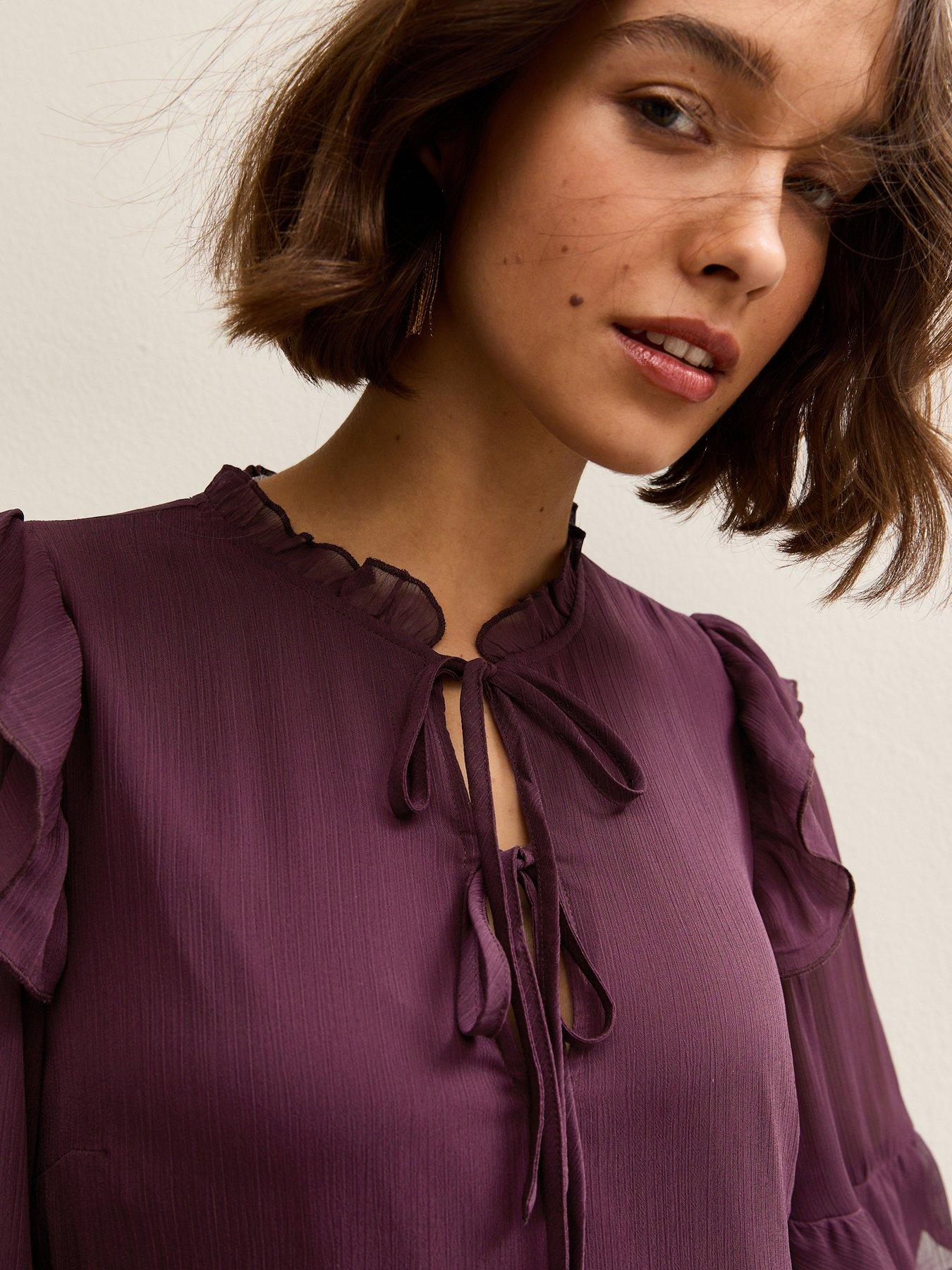  image of new-look-burgundy-ruffle-trim-chiffon-tiered-mini-dress