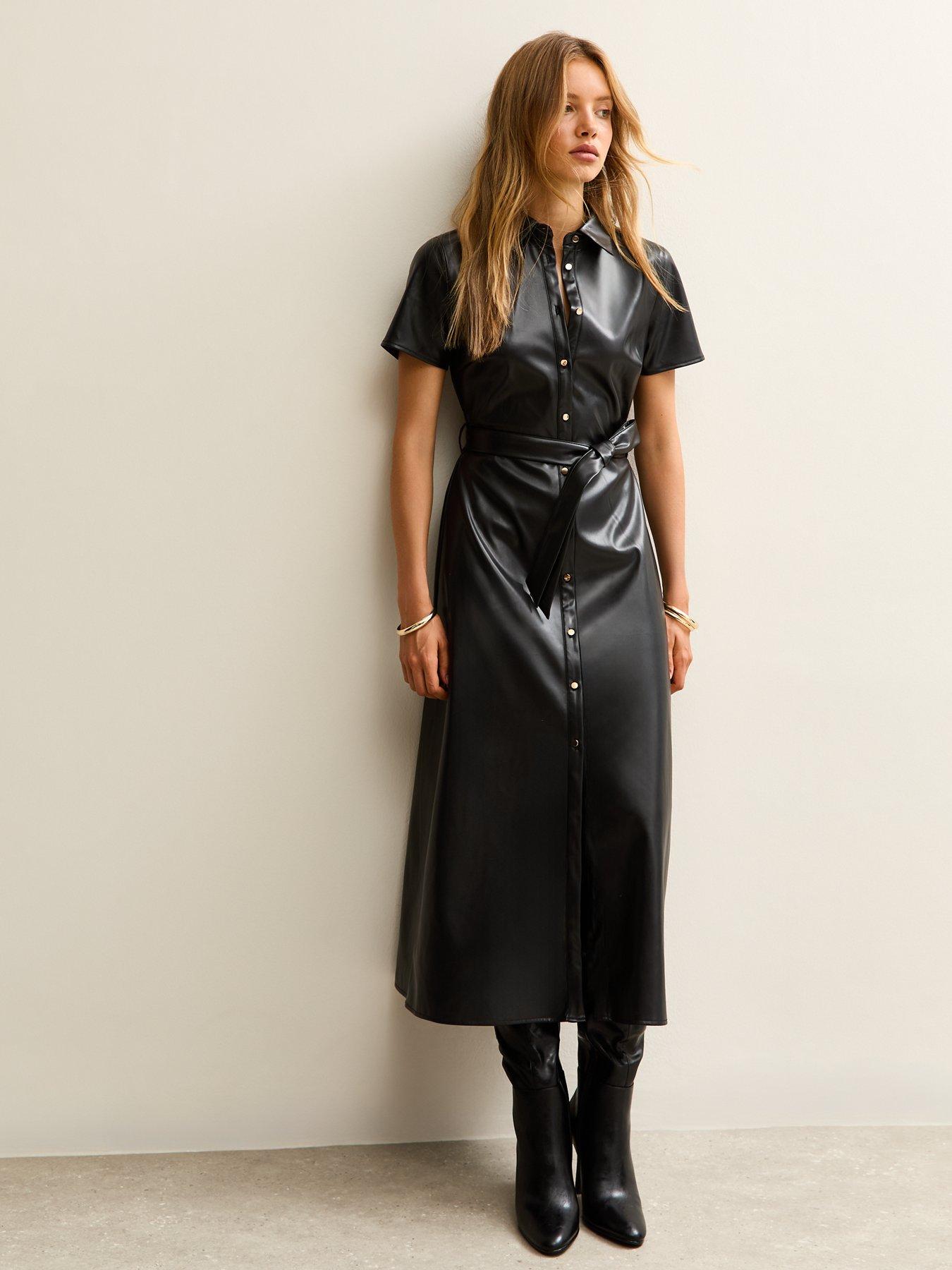 undefined Black Faux Leather Short Sleeve Midi Shirt Dress