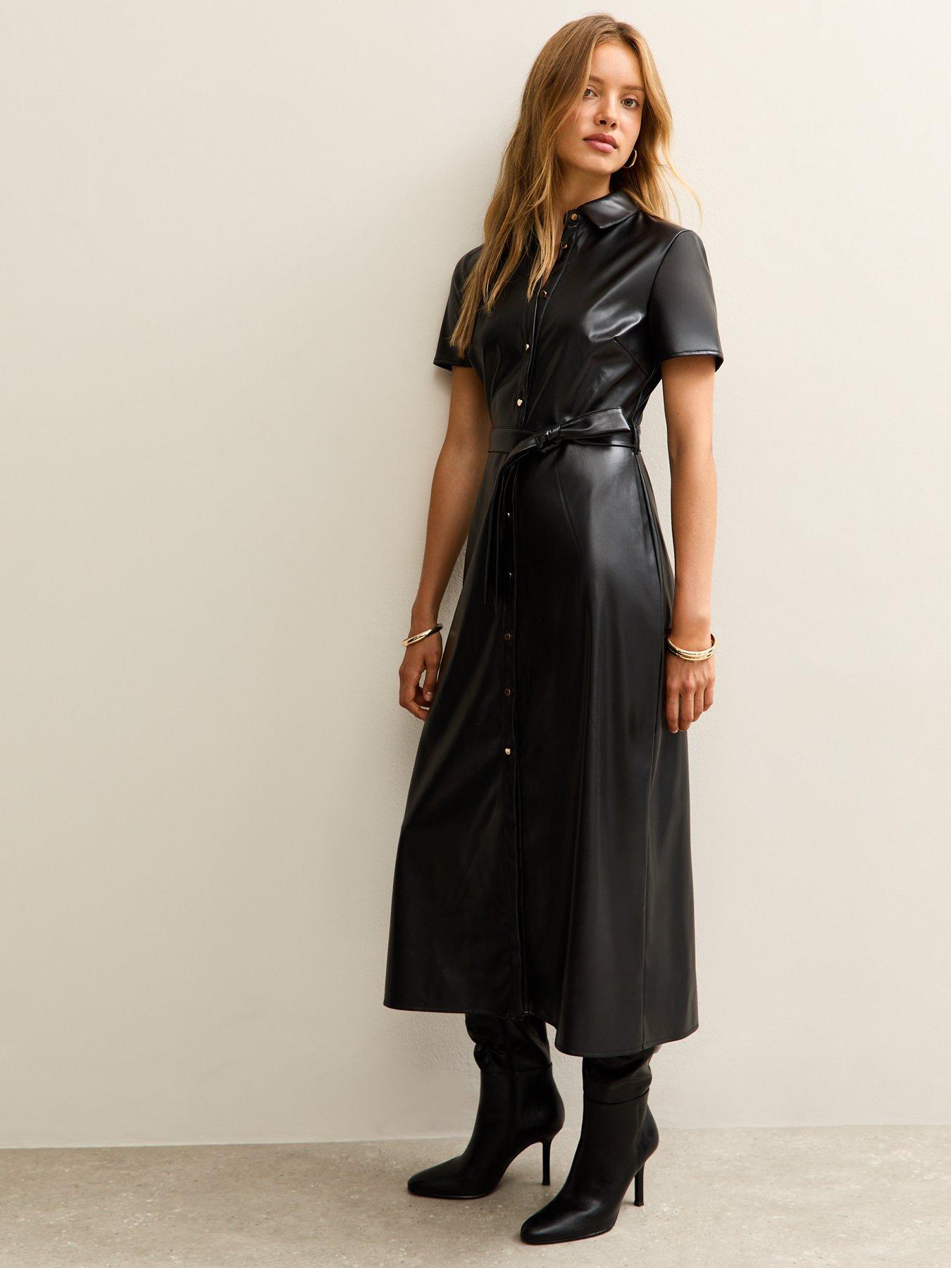 leather shirt dress outfit New Look Black Faux Short Sleeve Midi Men_Polyester