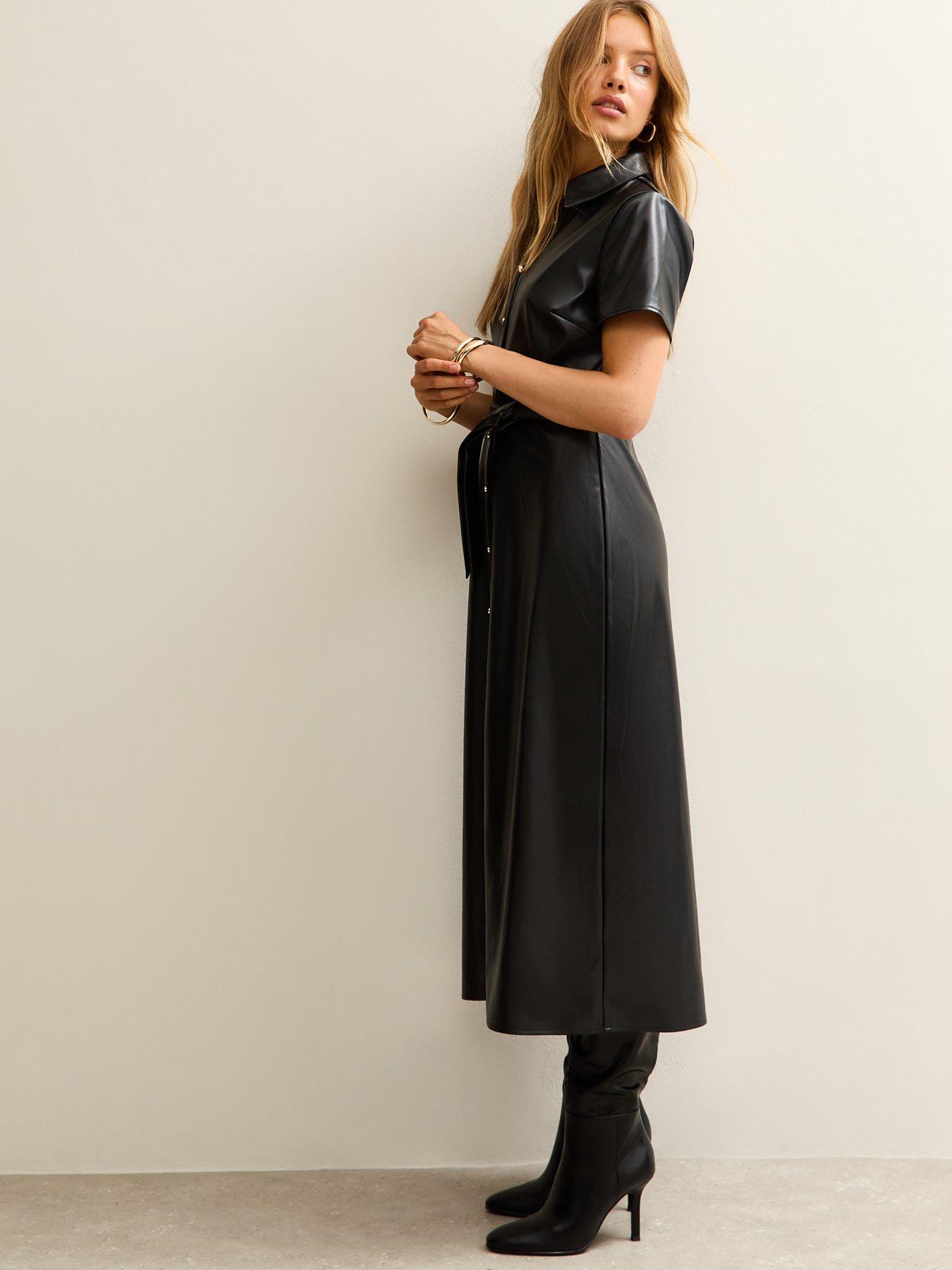 New Look Black Faux Leather Short Sleeve Midi Shirt Dress | Littlewoods