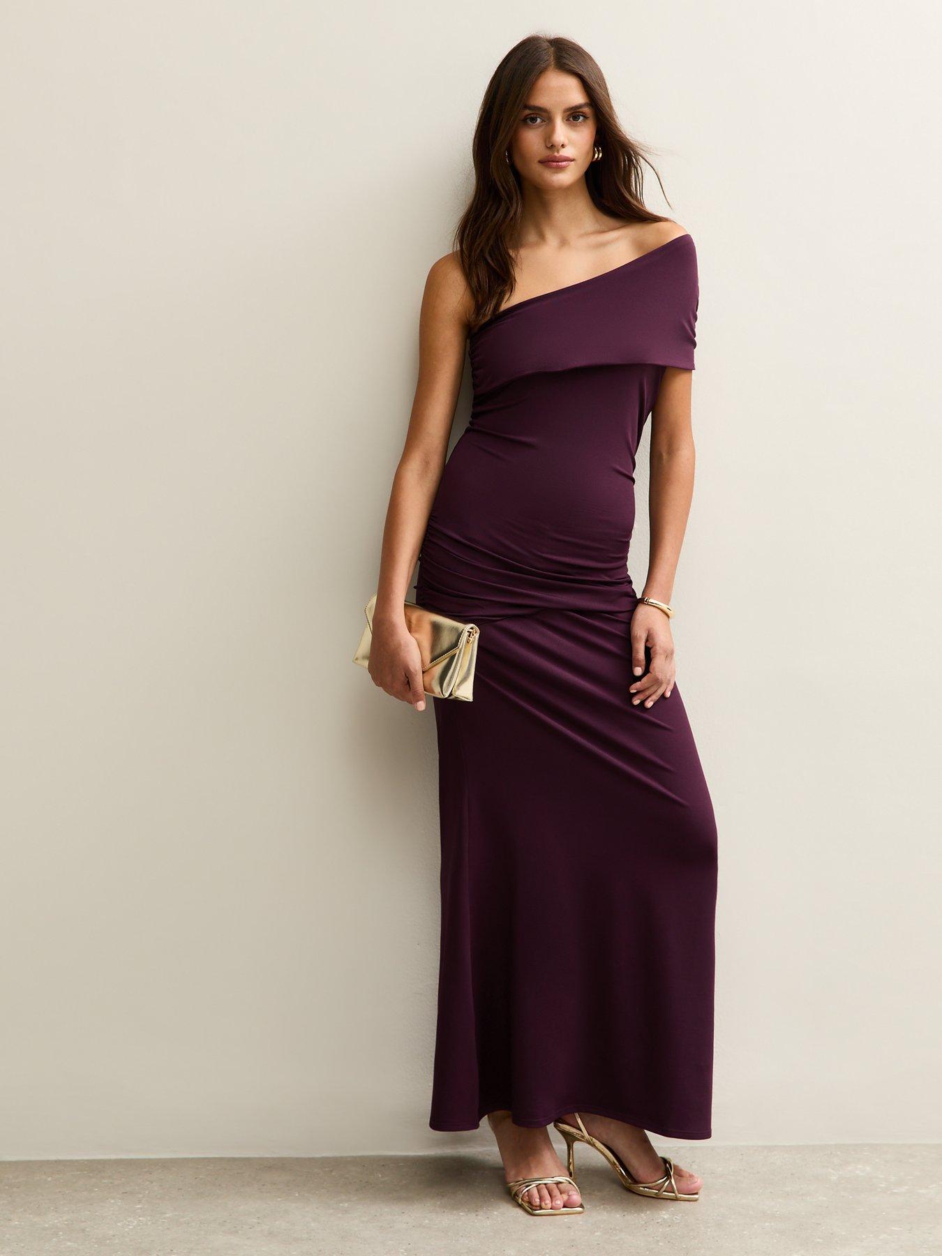 undefined Dark Burgundy One Shoulder Ruched Maxi Dress