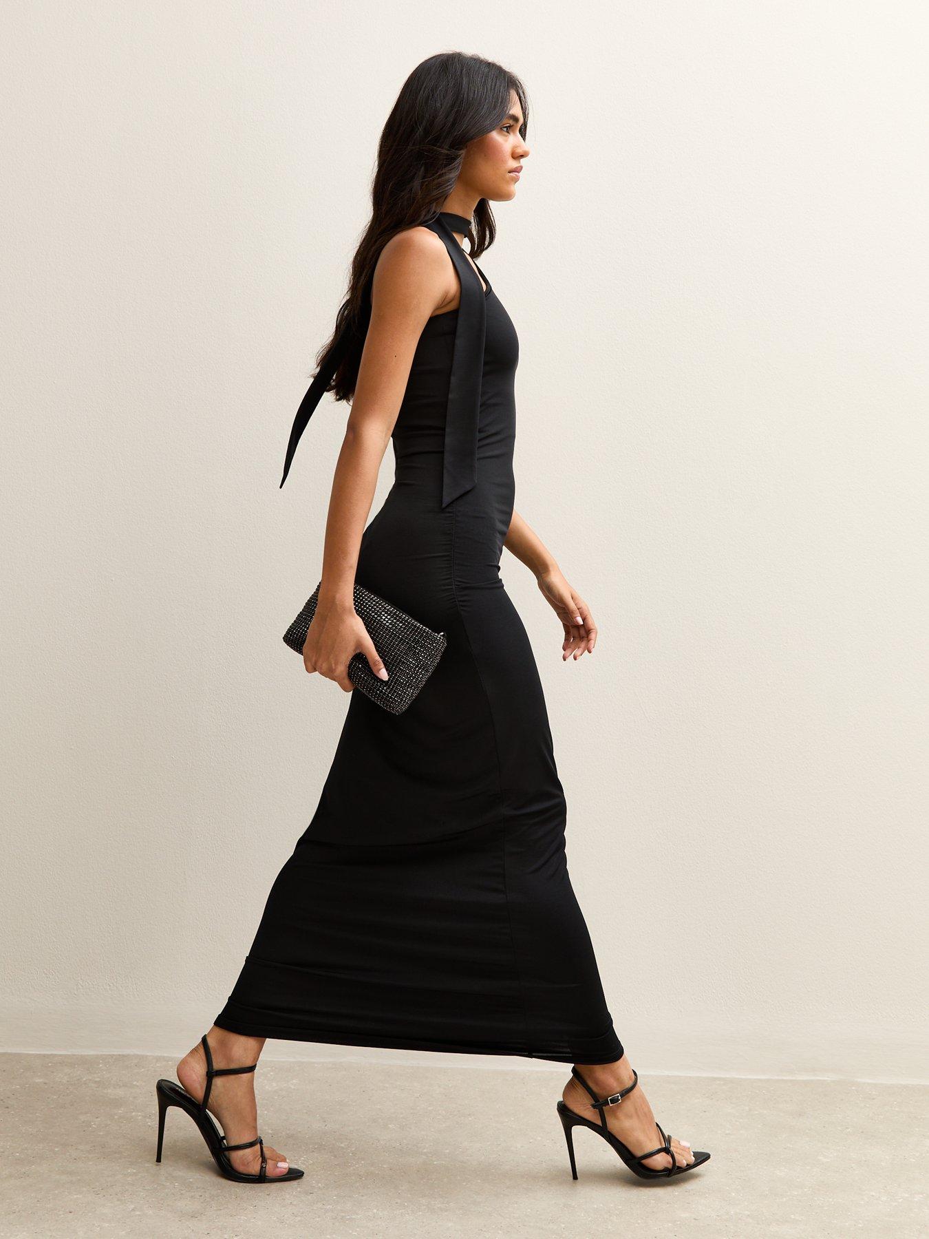 Image 3 of 5 of New Look Black One Shoulder Ruched Maxi Dress