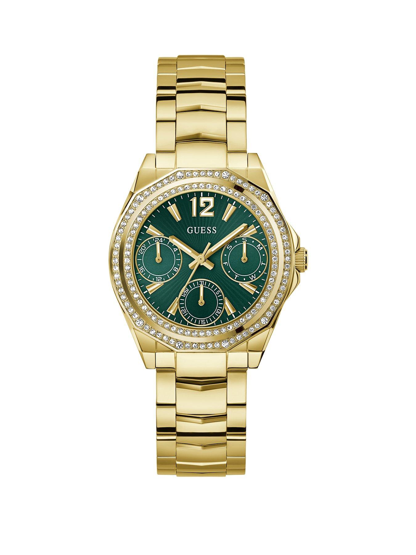 undefined GUESS gold tone Ladies watch with green dial and gold tone bracelet