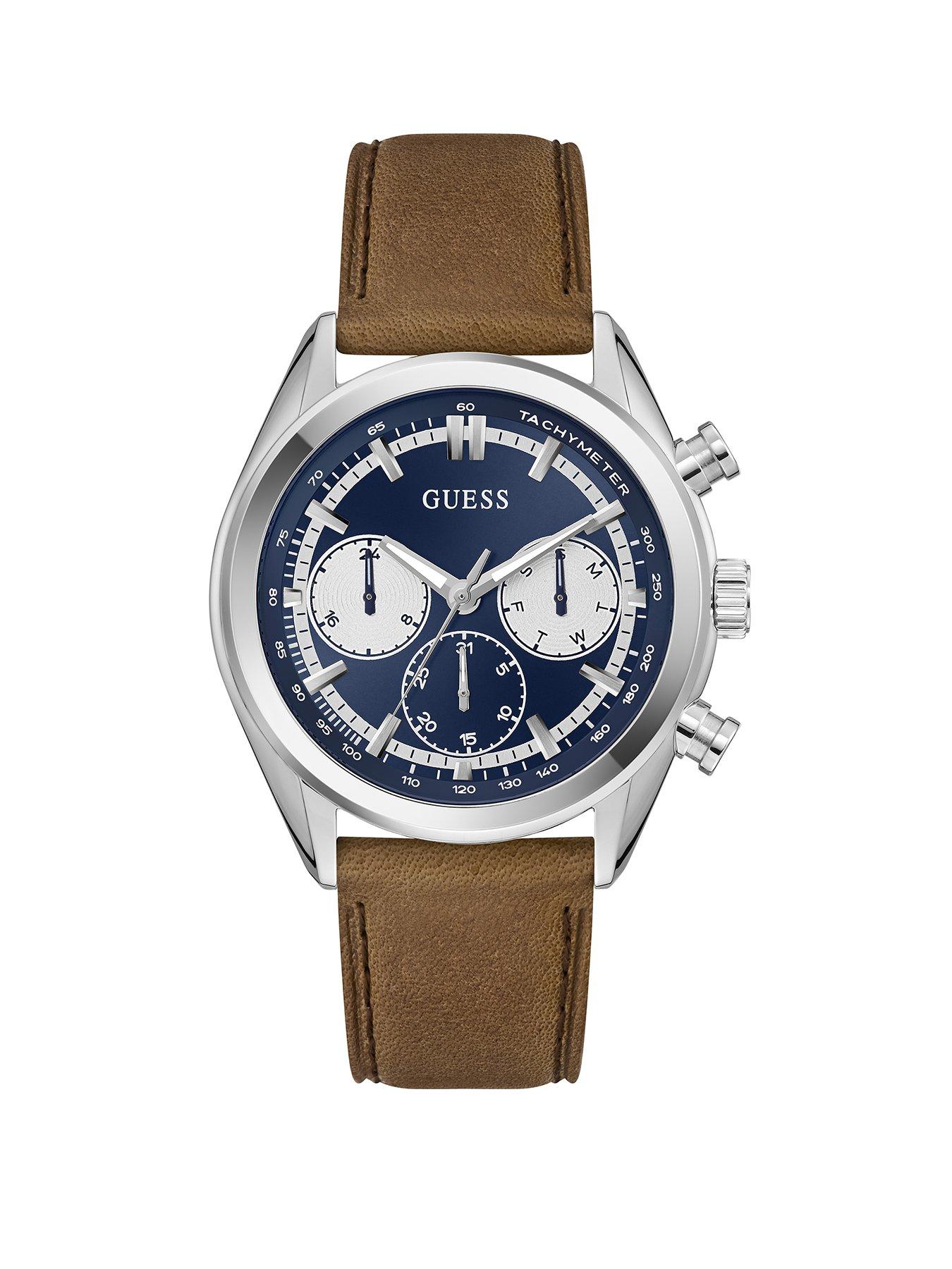 Image 1 of 5 of Guess stainless steel Gents watch with blue dial and brown leather strap