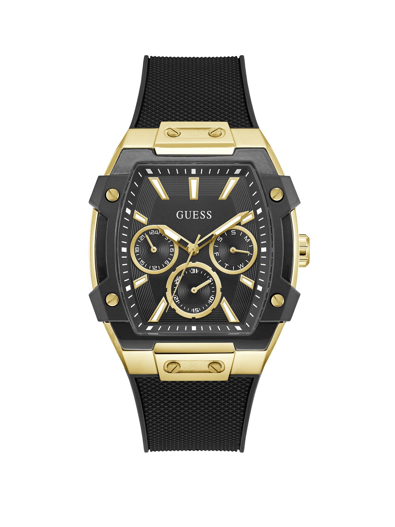 undefined GUESS gold tone Gents watch with black dial and black silicone strap