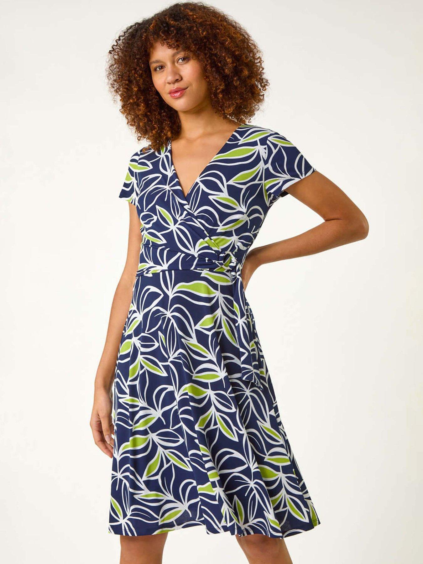undefined Leaf Print Wrap Bodice Dress - Lime