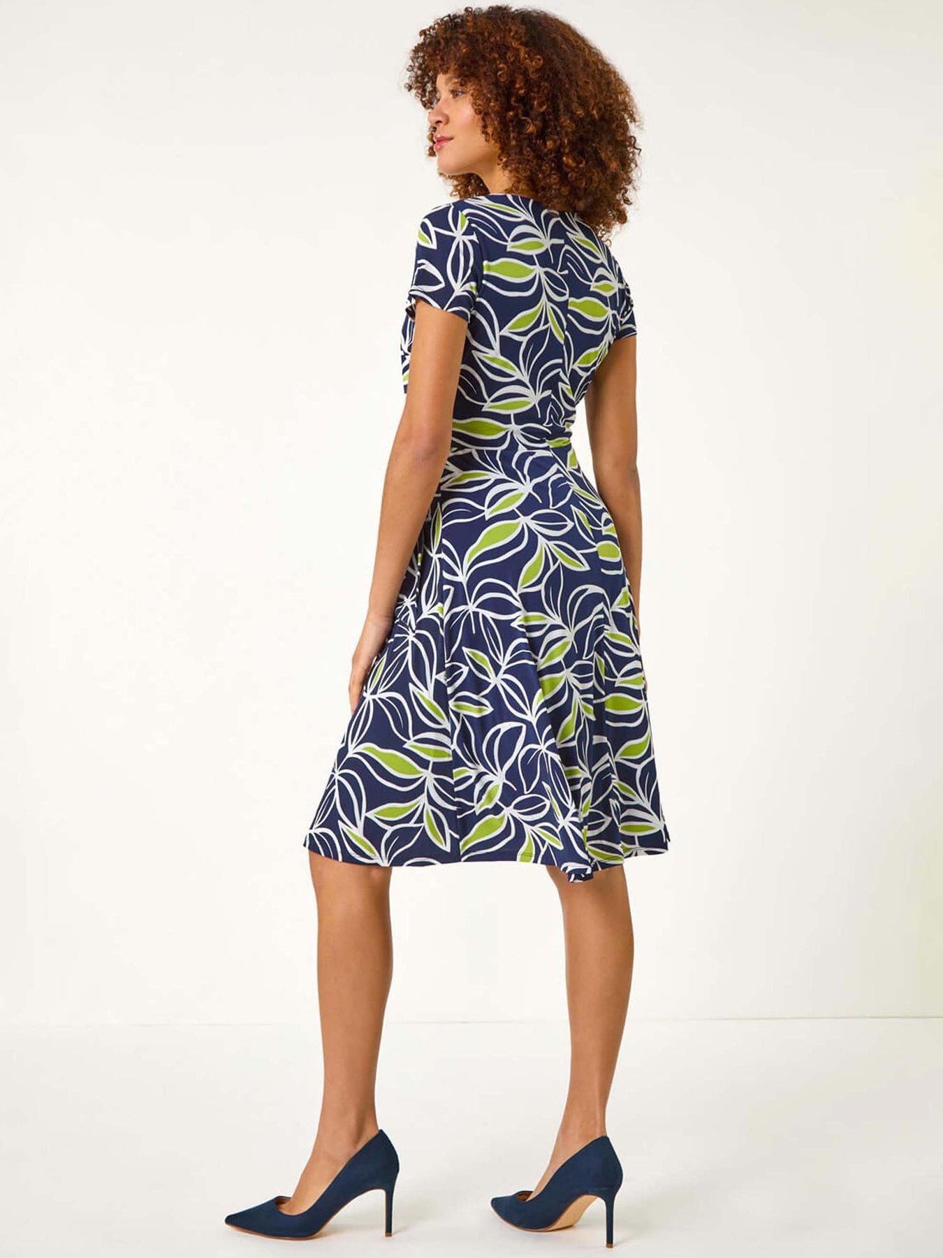 Image 2 of 5 of Roman Leaf Print Wrap Bodice Dress - Lime