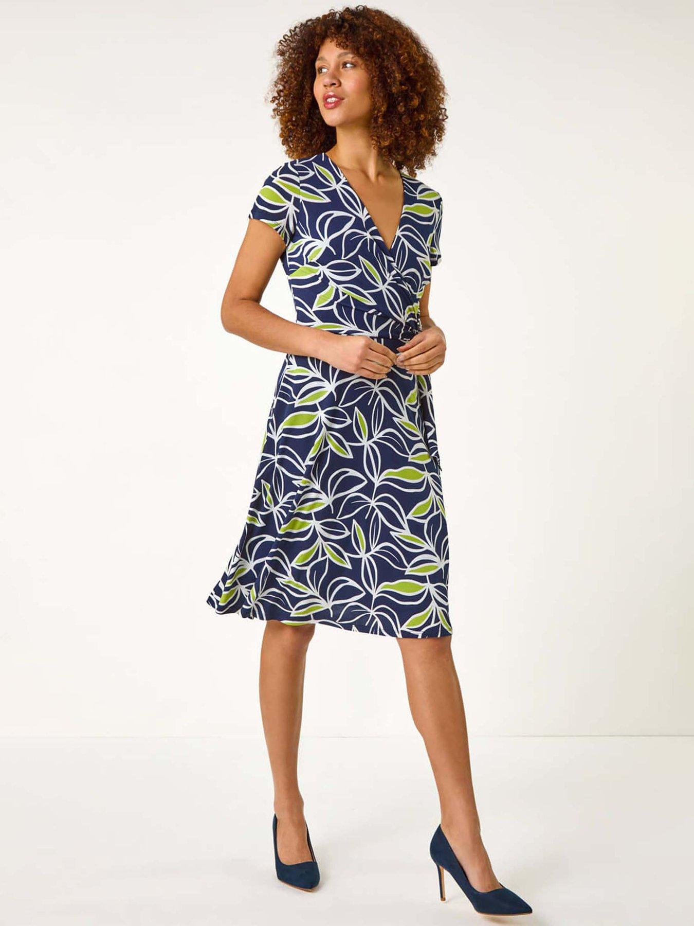 Image 3 of 5 of Roman Leaf Print Wrap Bodice Dress - Lime