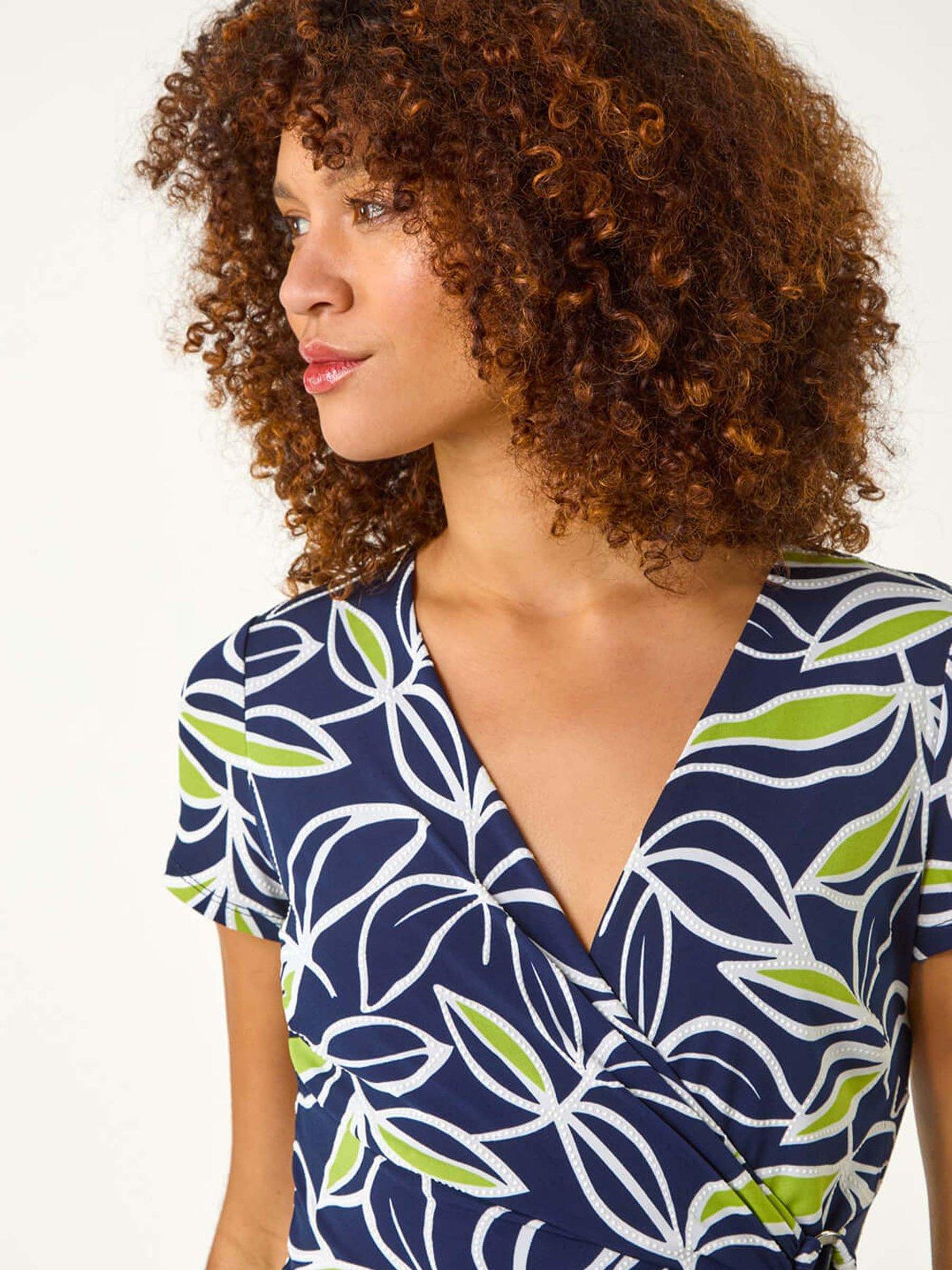 Image 4 of 5 of Roman Leaf Print Wrap Bodice Dress - Lime