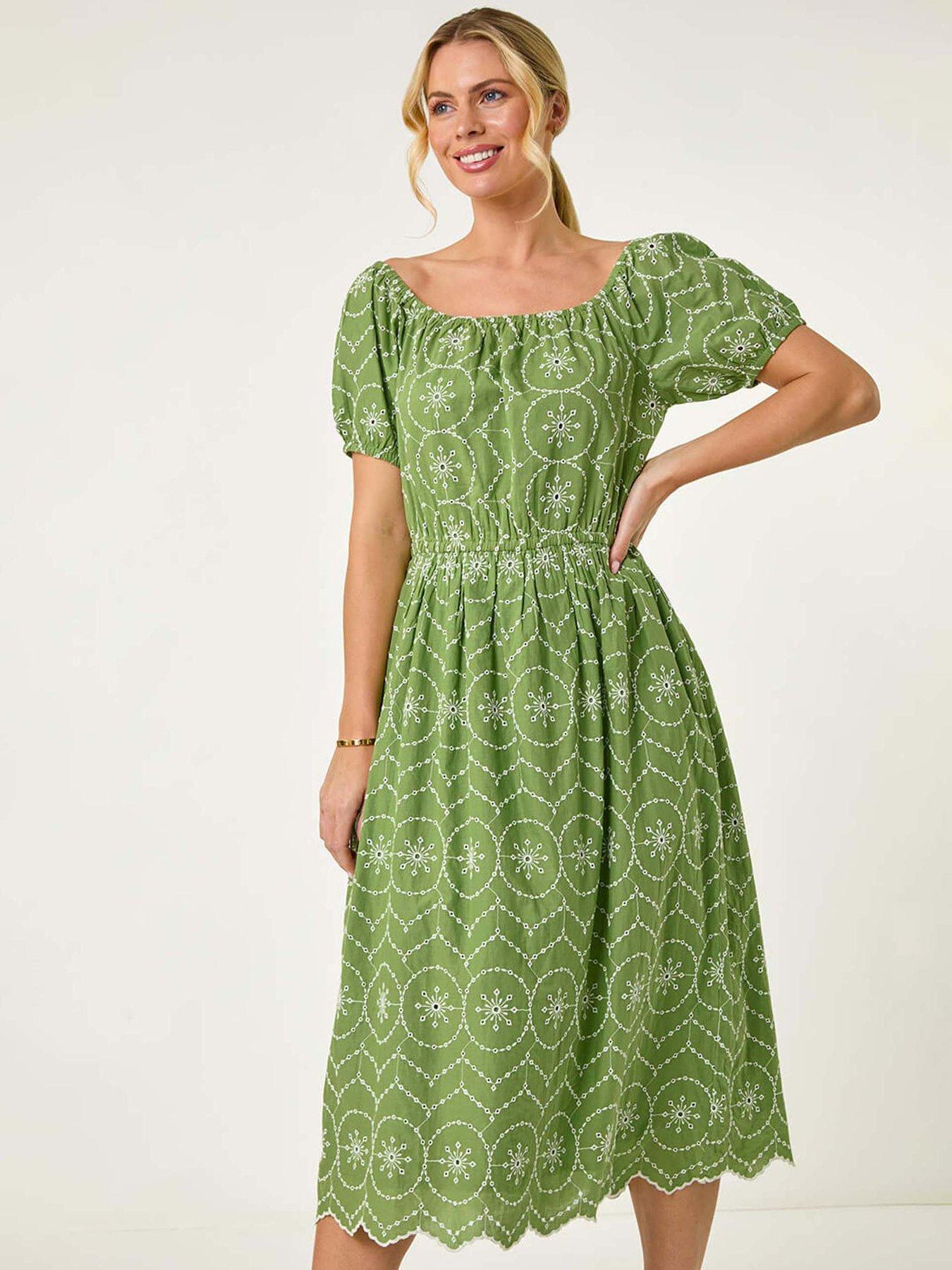 undefined Petite Contrast Embroidery Dress - Khaki