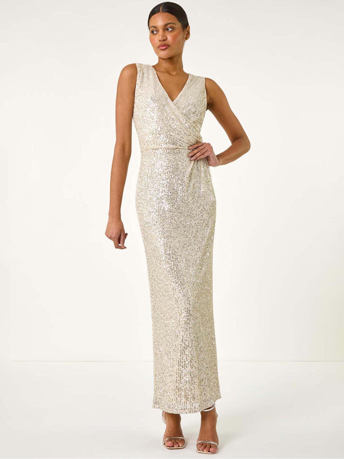 Image 1 of 5 of Roman Sequin Side Twist Wrap Maxi Dress - Silver