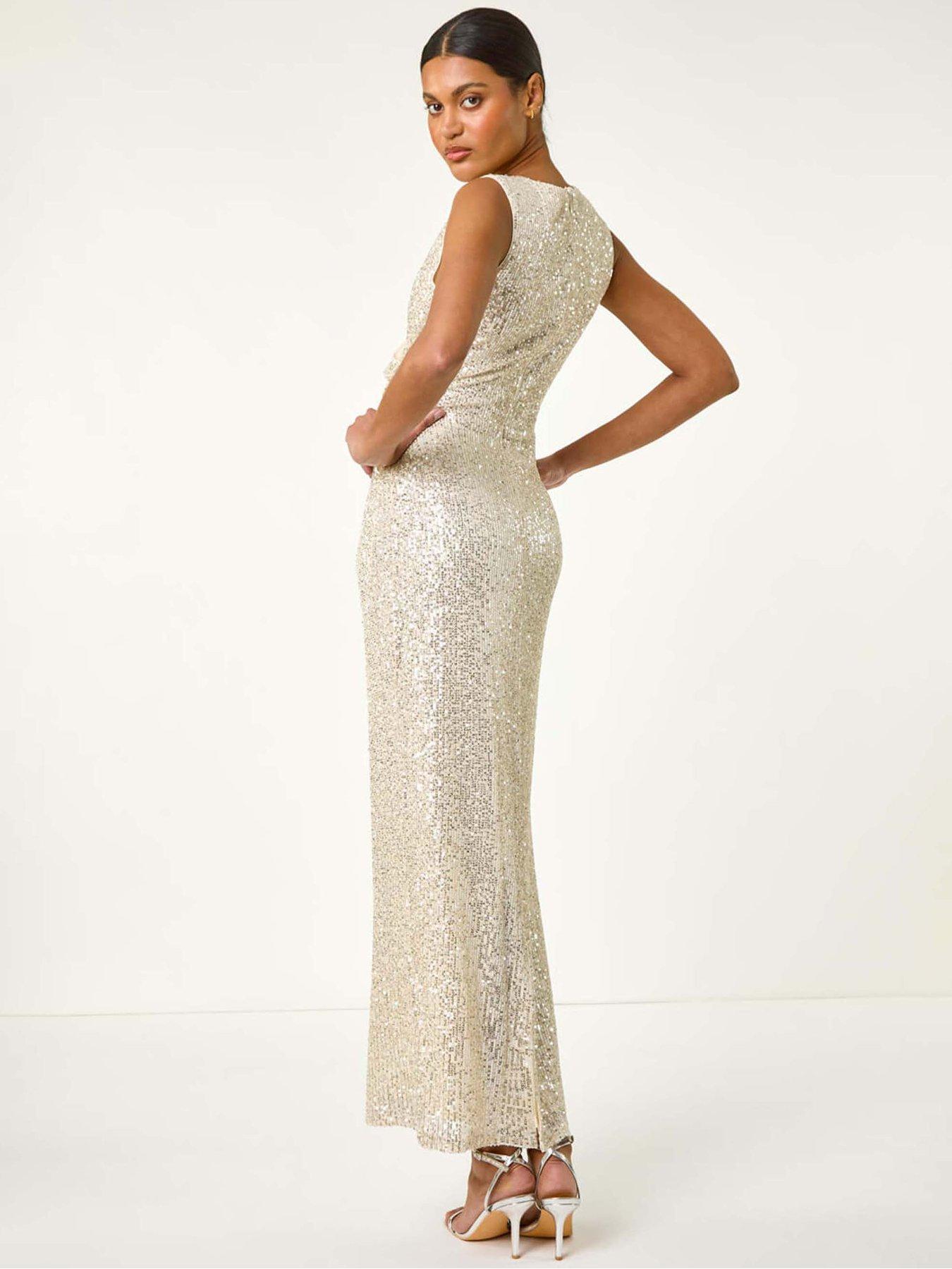 Image 2 of 5 of Roman Sequin Side Twist Wrap Maxi Dress - Silver