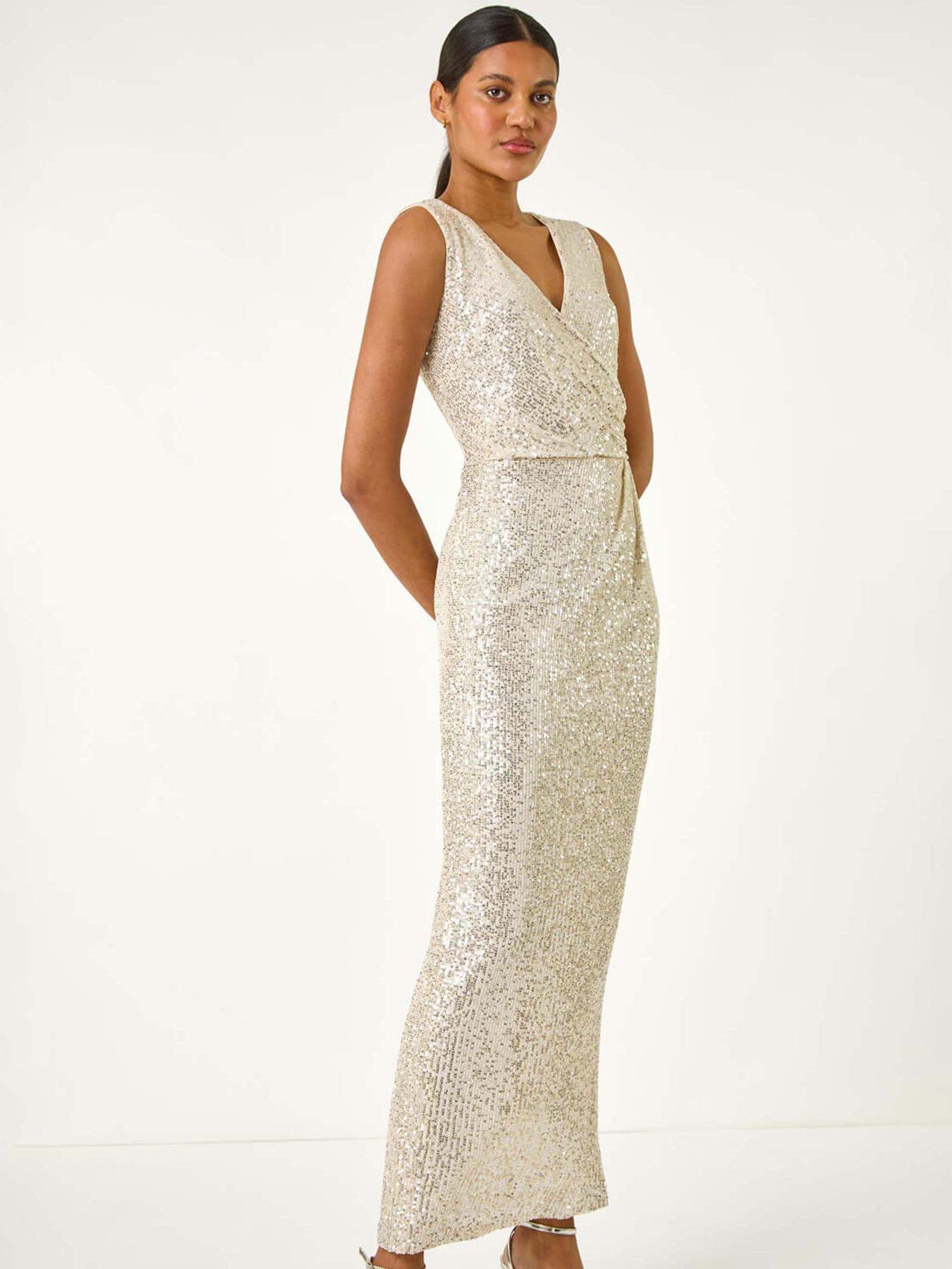 Image 3 of 5 of Roman Sequin Side Twist Wrap Maxi Dress - Silver