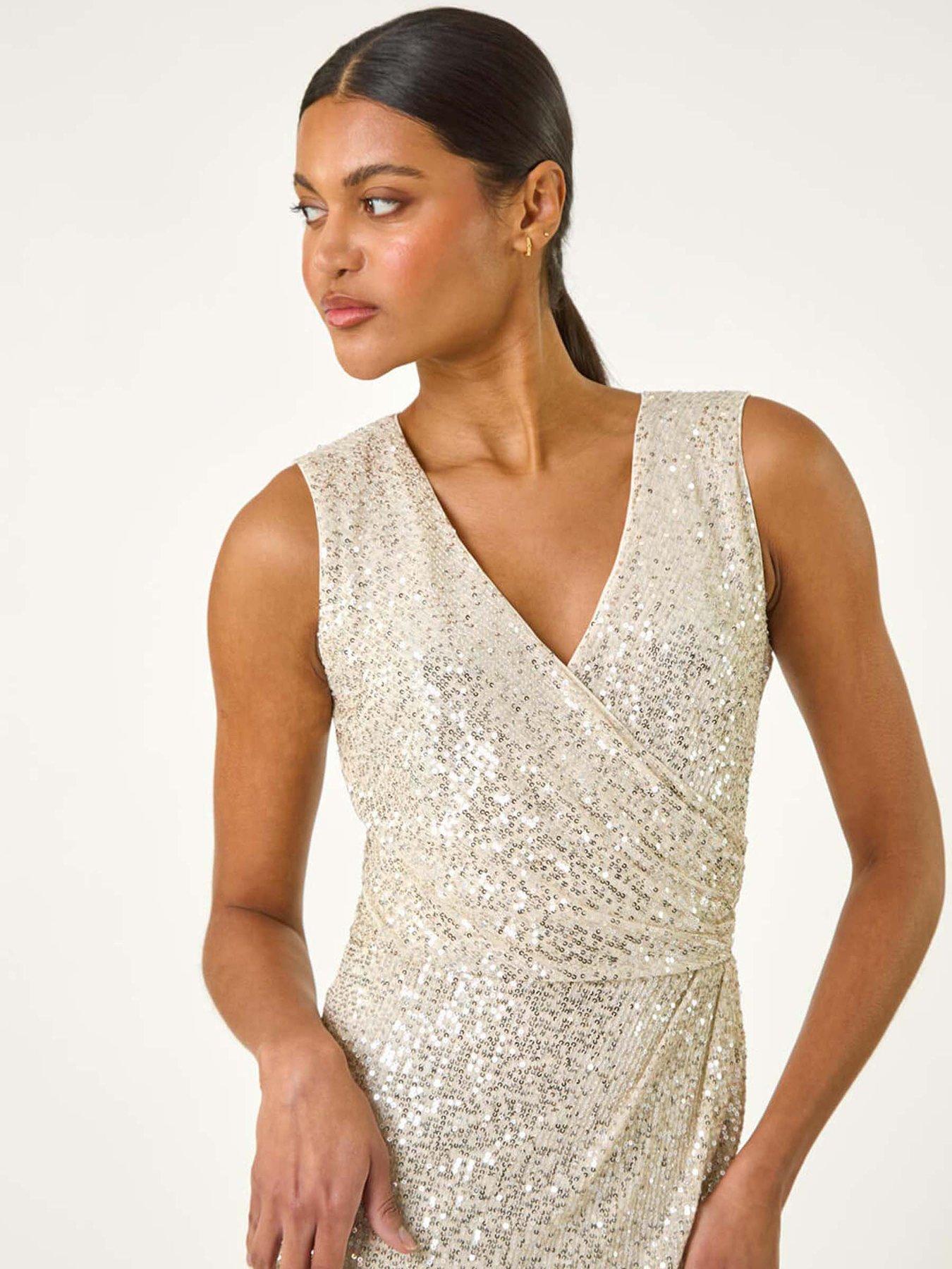 Image 4 of 5 of Roman Sequin Side Twist Wrap Maxi Dress - Silver