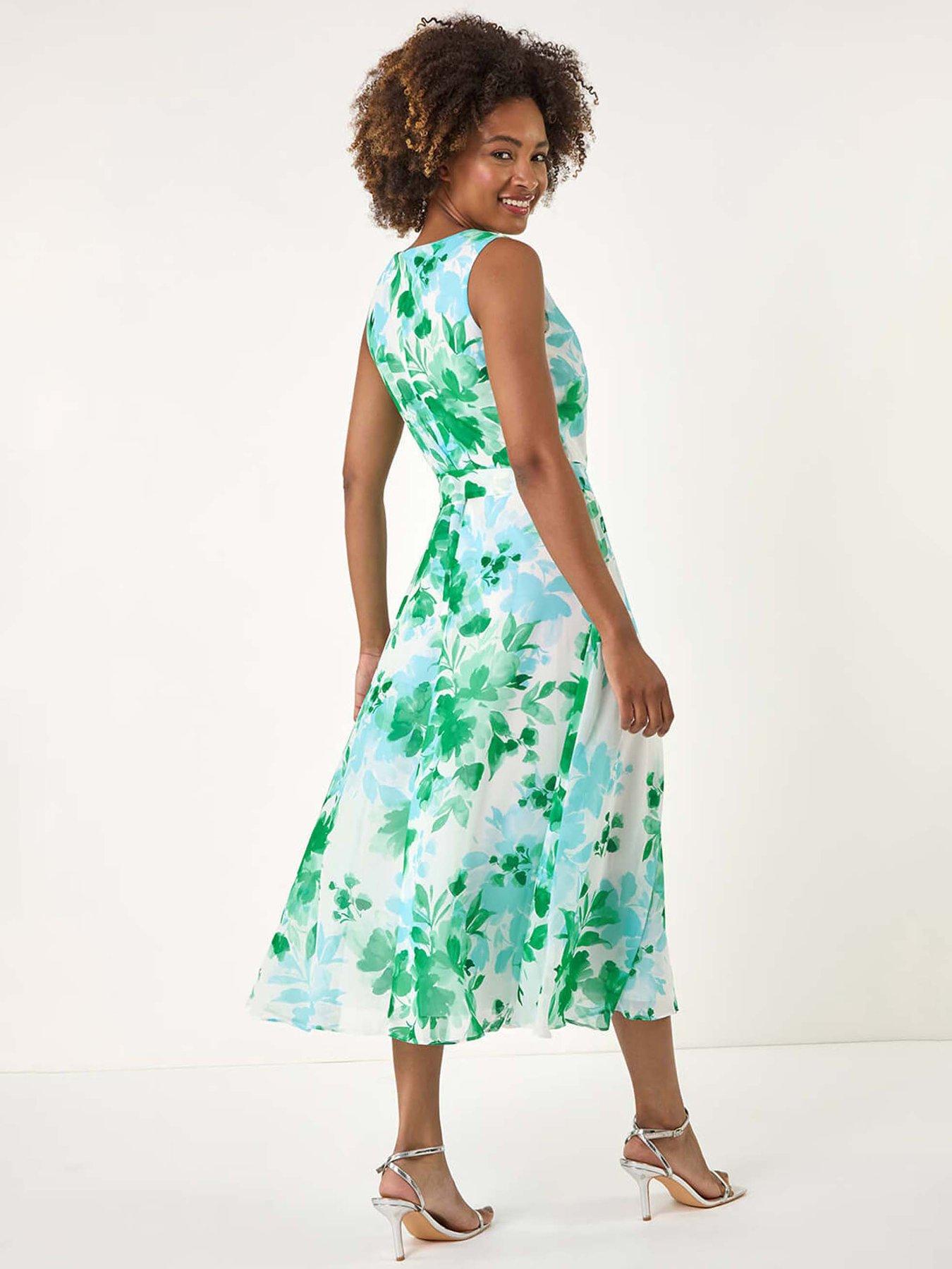 Image 2 of 5 of Roman Floral Pleated Neck Midi Dress - Green