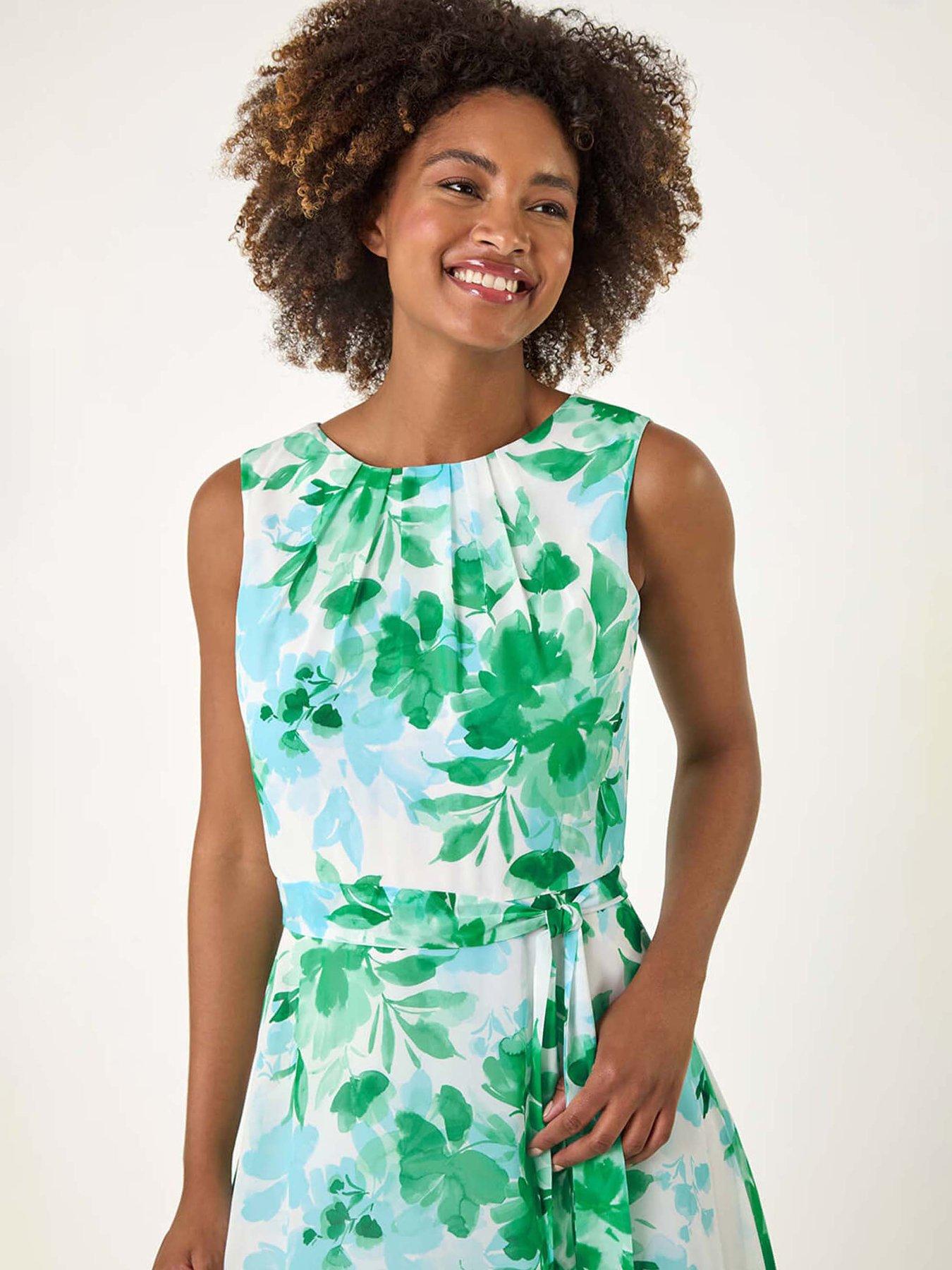 Image 4 of 5 of Roman Floral Pleated Neck Midi Dress - Green