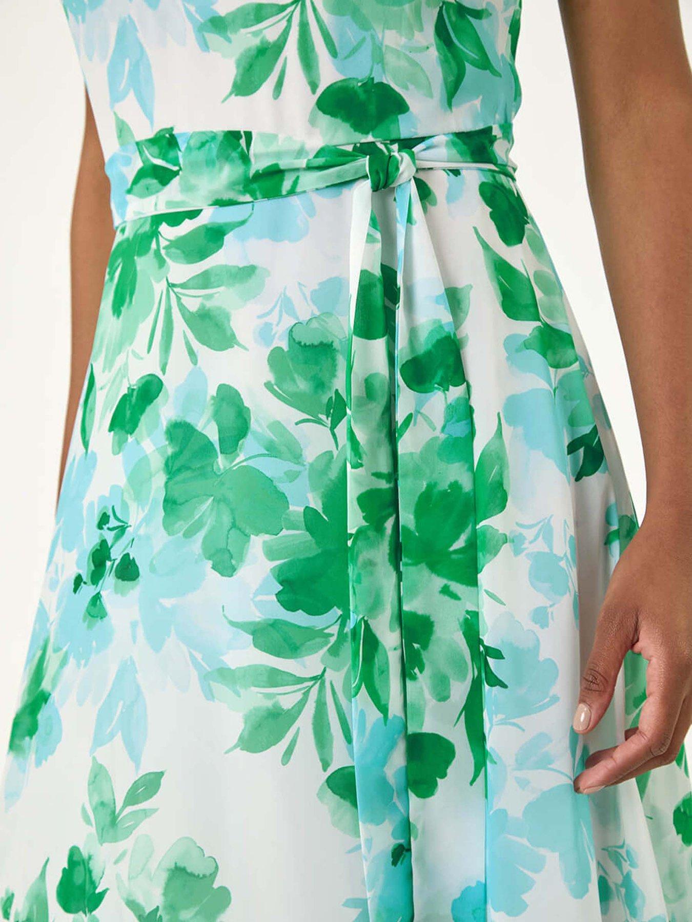 Image 5 of 5 of Roman Floral Pleated Neck Midi Dress - Green