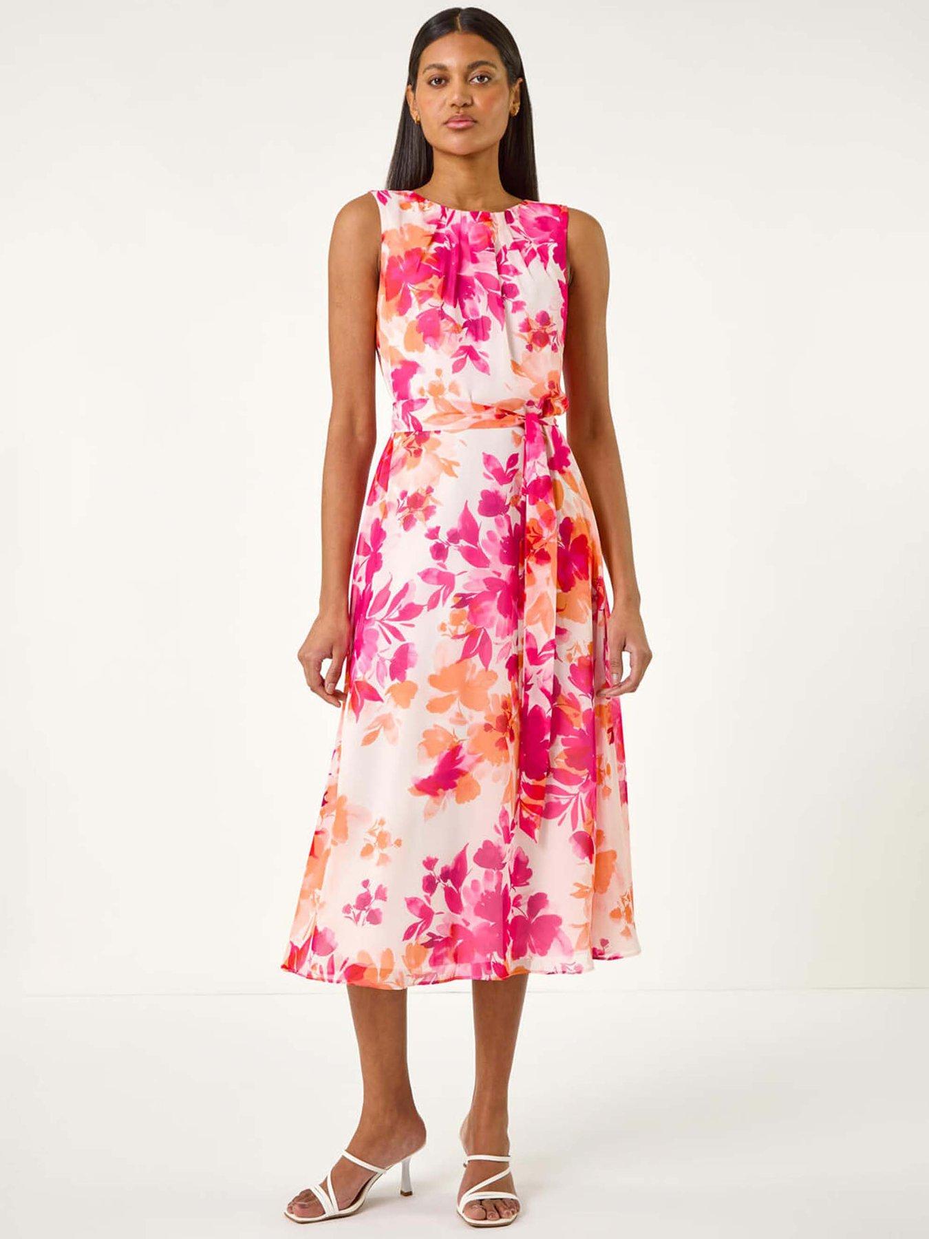 Image 3 of 5 of Roman Floral Pleated Neck Midi Dress - Pink