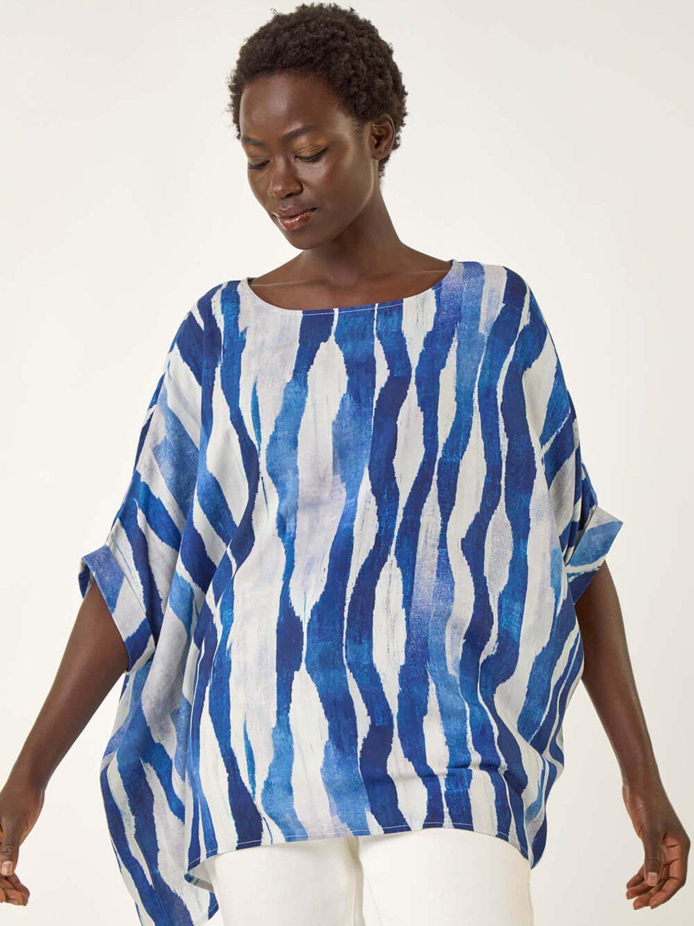 undefined Abstract Print Buttoned Tunic Top - Blue