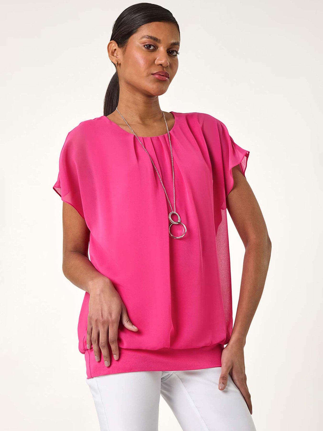 undefined Chiffon Jersey Blouson Top With Necklace - Cerise