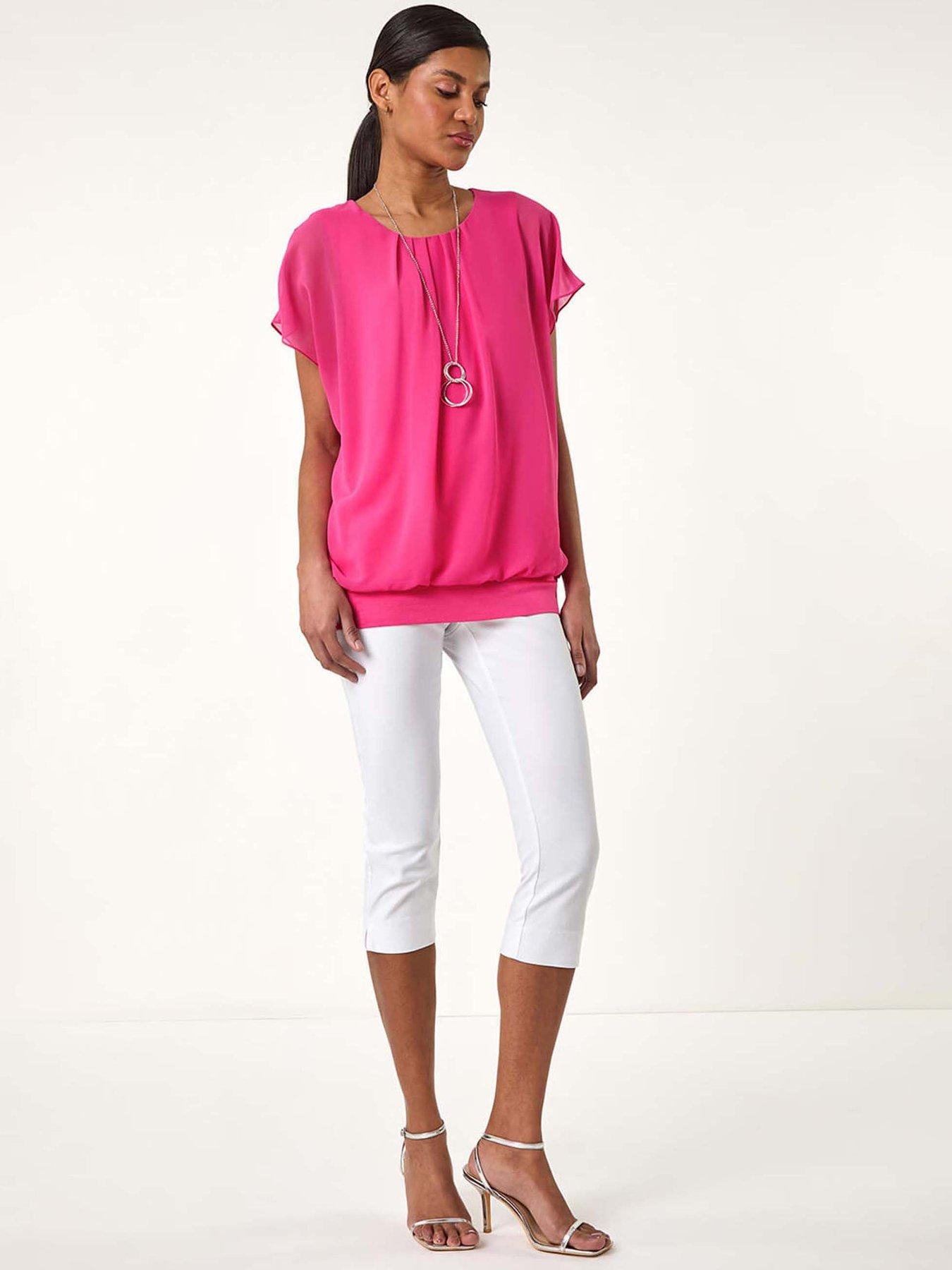  image of roman-chiffon-jersey-blouson-top-with-necklace-cerise