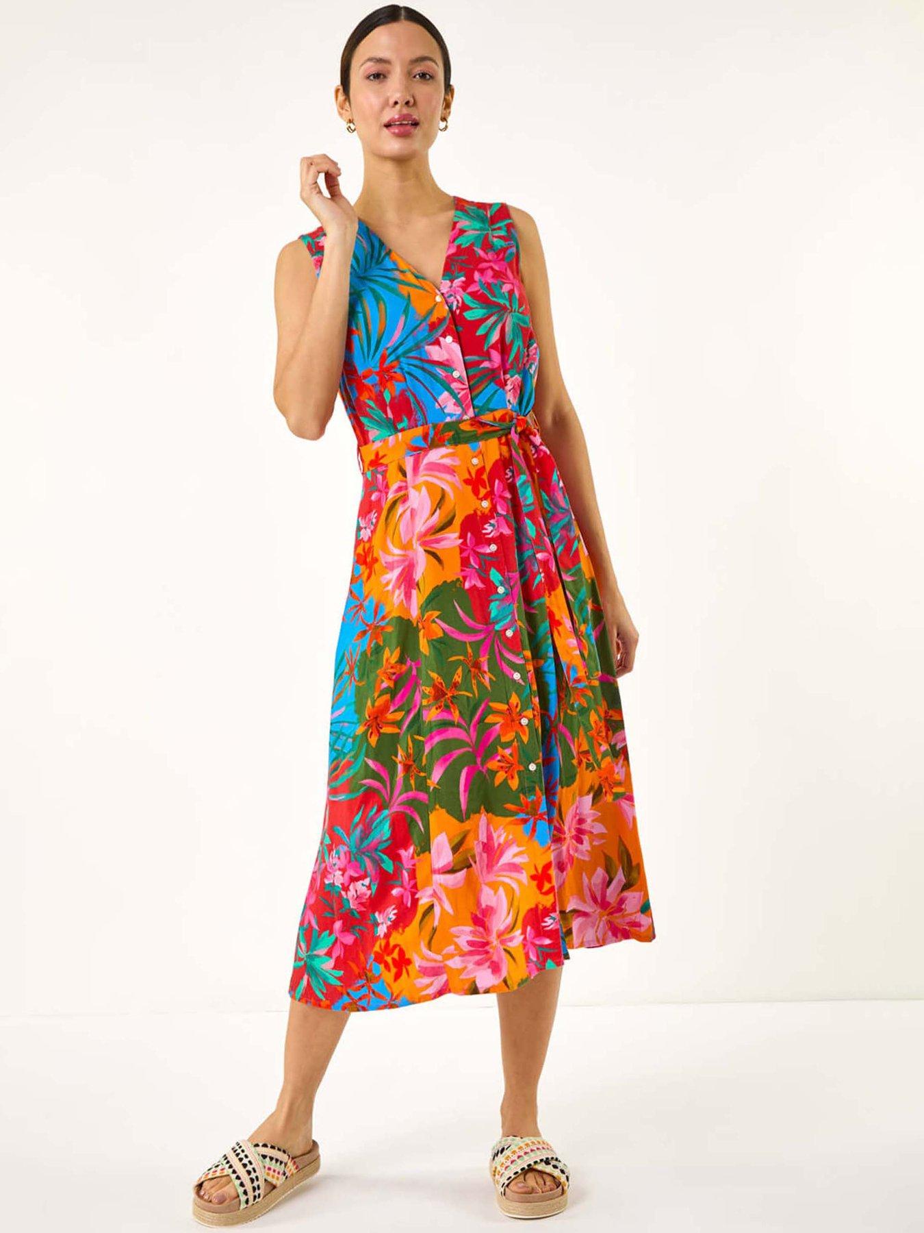undefined Tropical Print Button Through Midi Dress - Orange