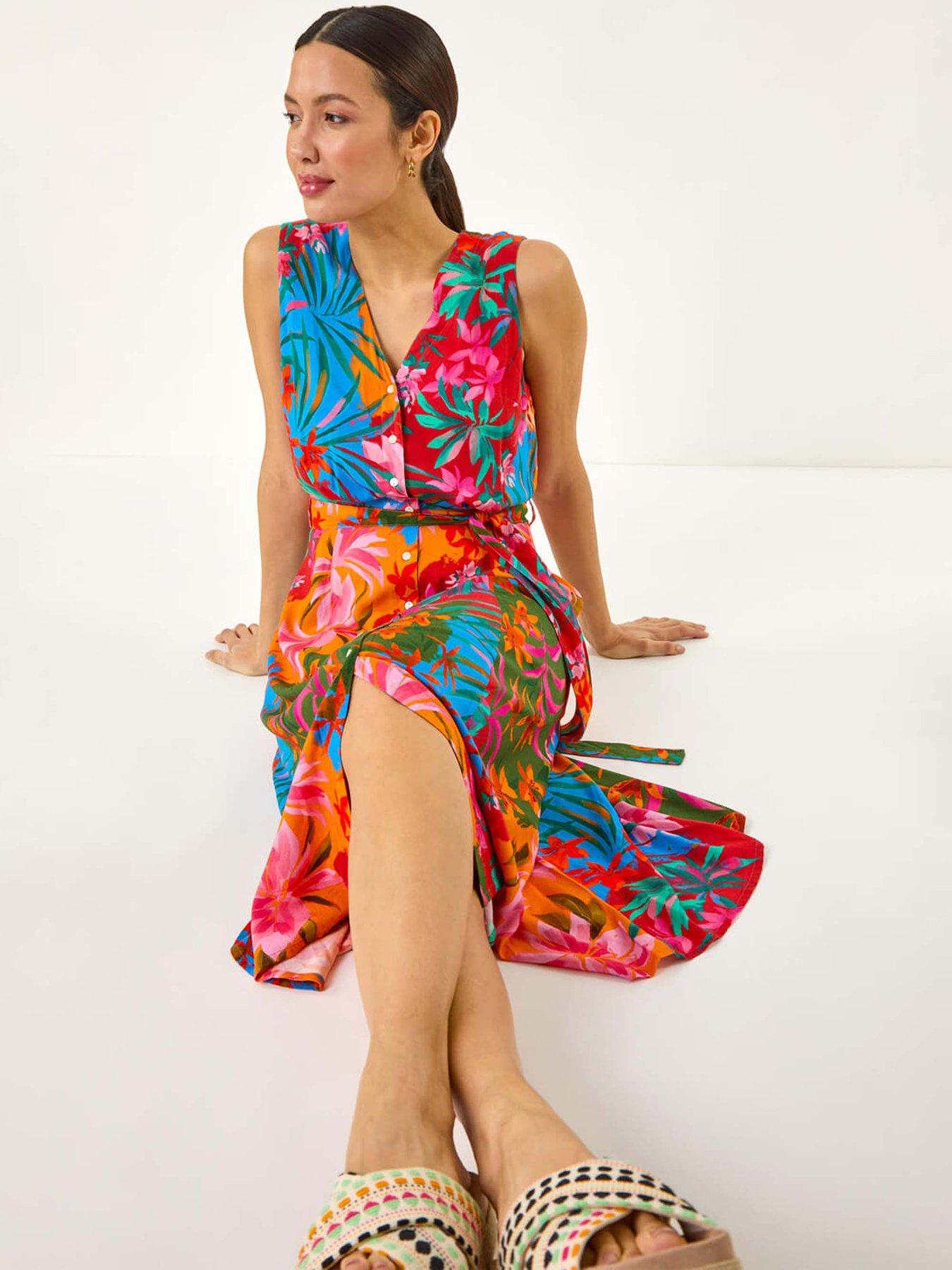 Image 3 of 5 of Roman Tropical Print Button Through Midi Dress - Orange
