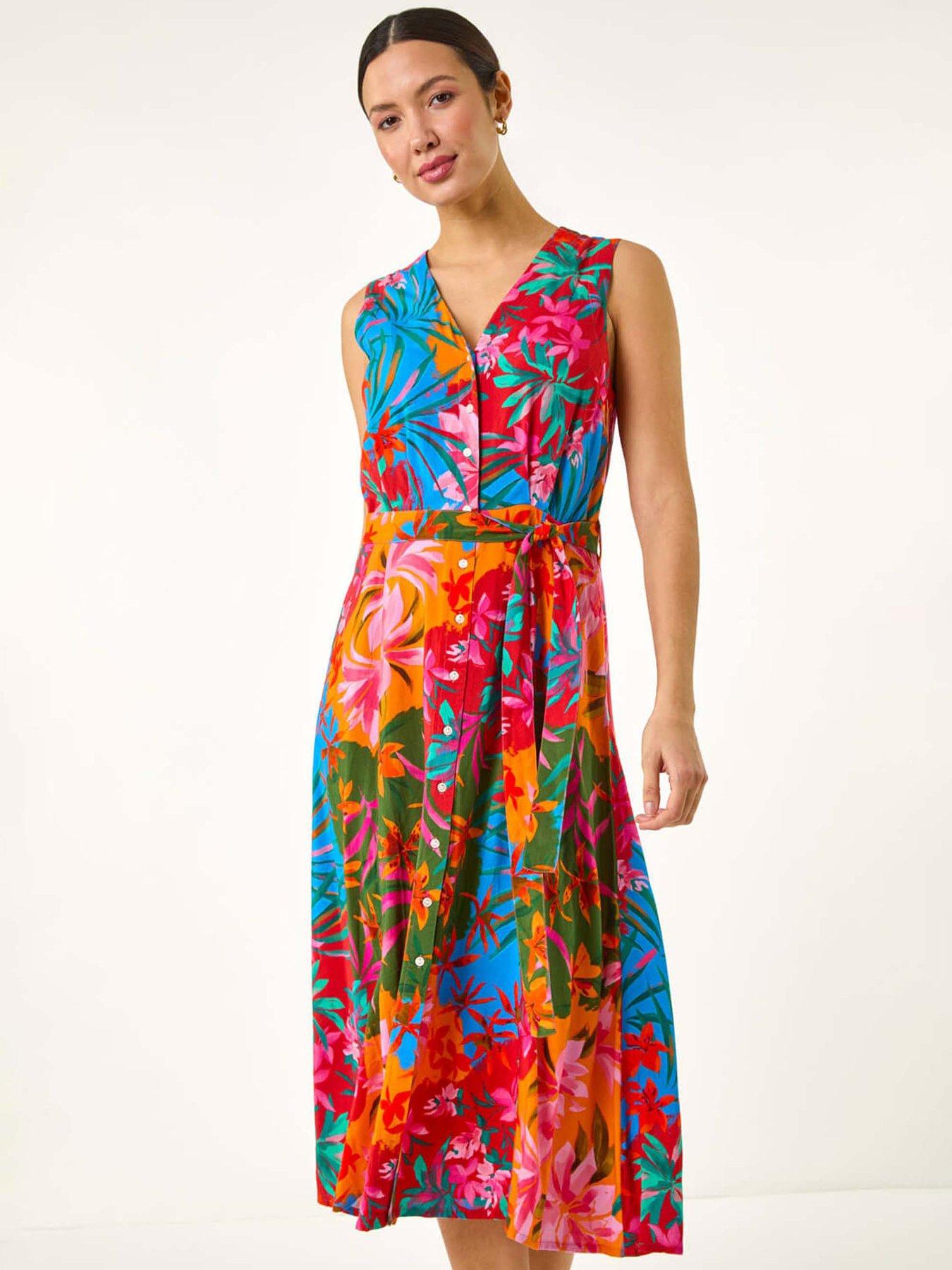 Image 4 of 5 of Roman Tropical Print Button Through Midi Dress - Orange