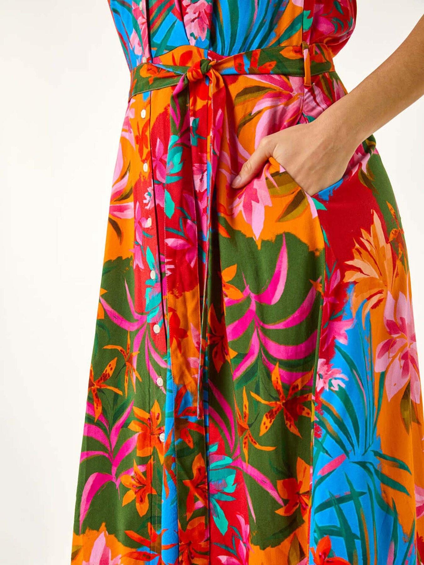 Image 5 of 5 of Roman Tropical Print Button Through Midi Dress - Orange