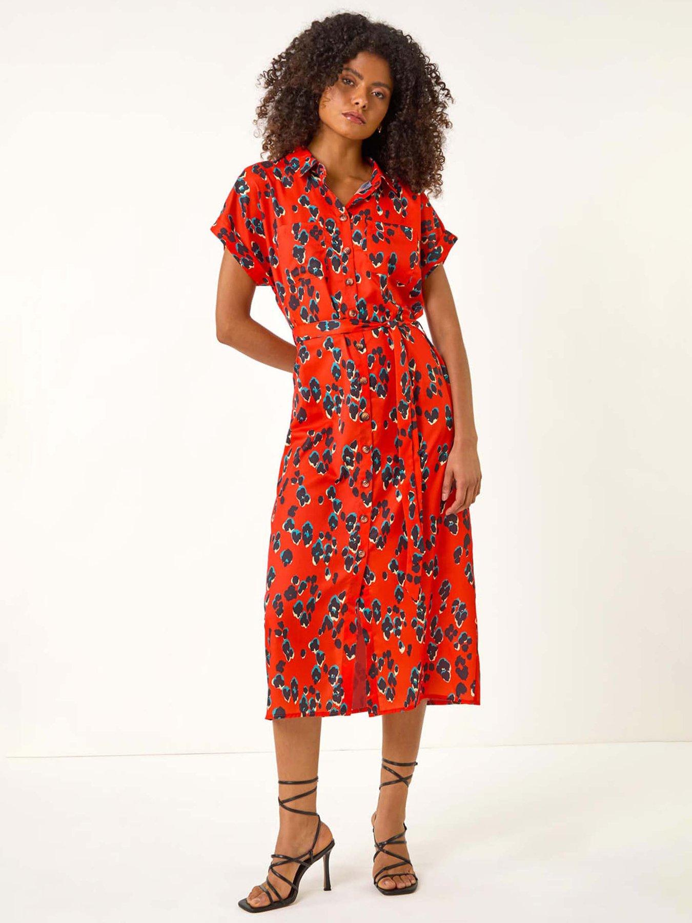 Image 3 of 5 of Roman Dusk Animal Print Midi Shirt Dress - Red