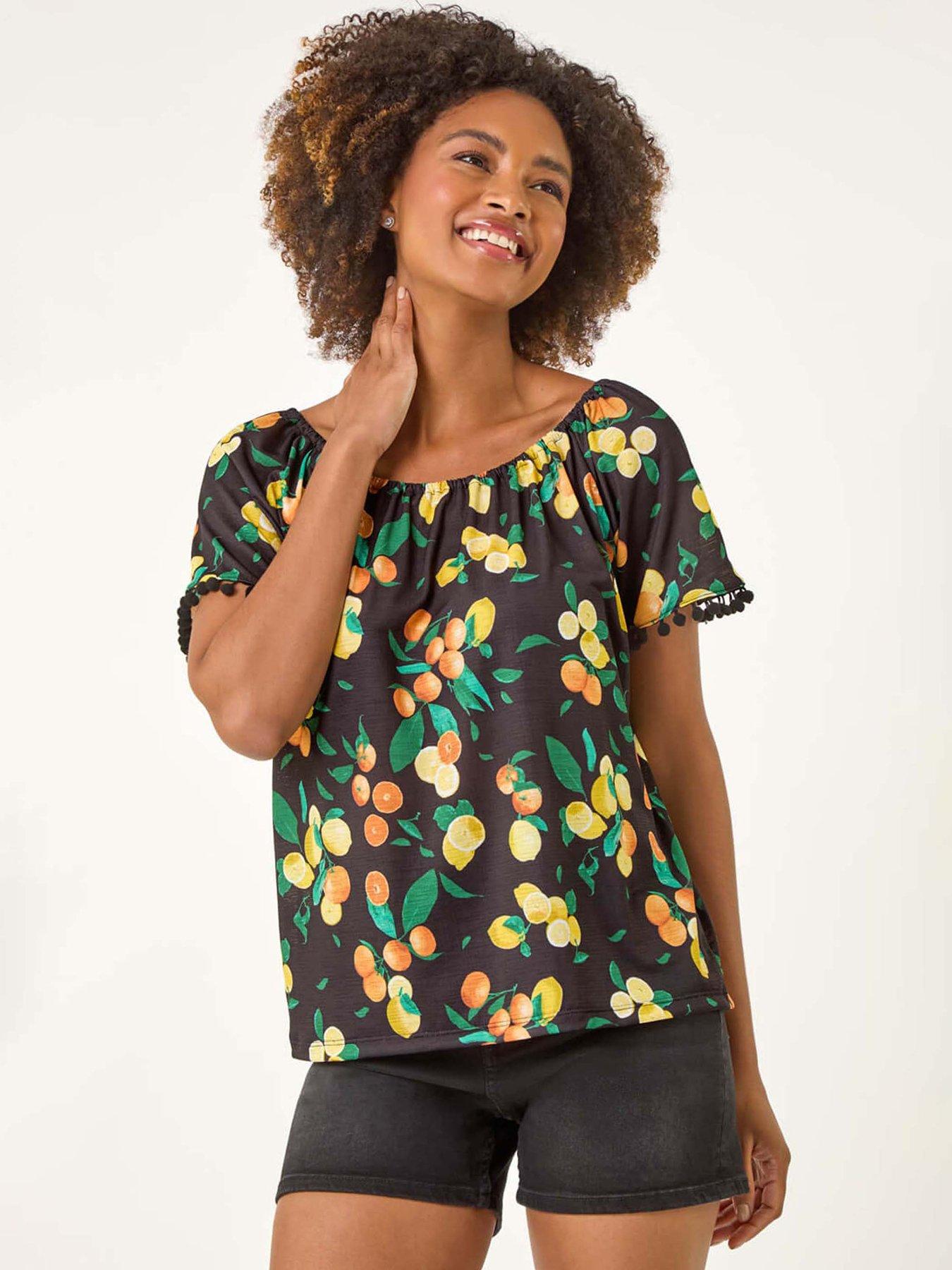 undefined Citrus Pom Pom Trim Bardot Top - Black