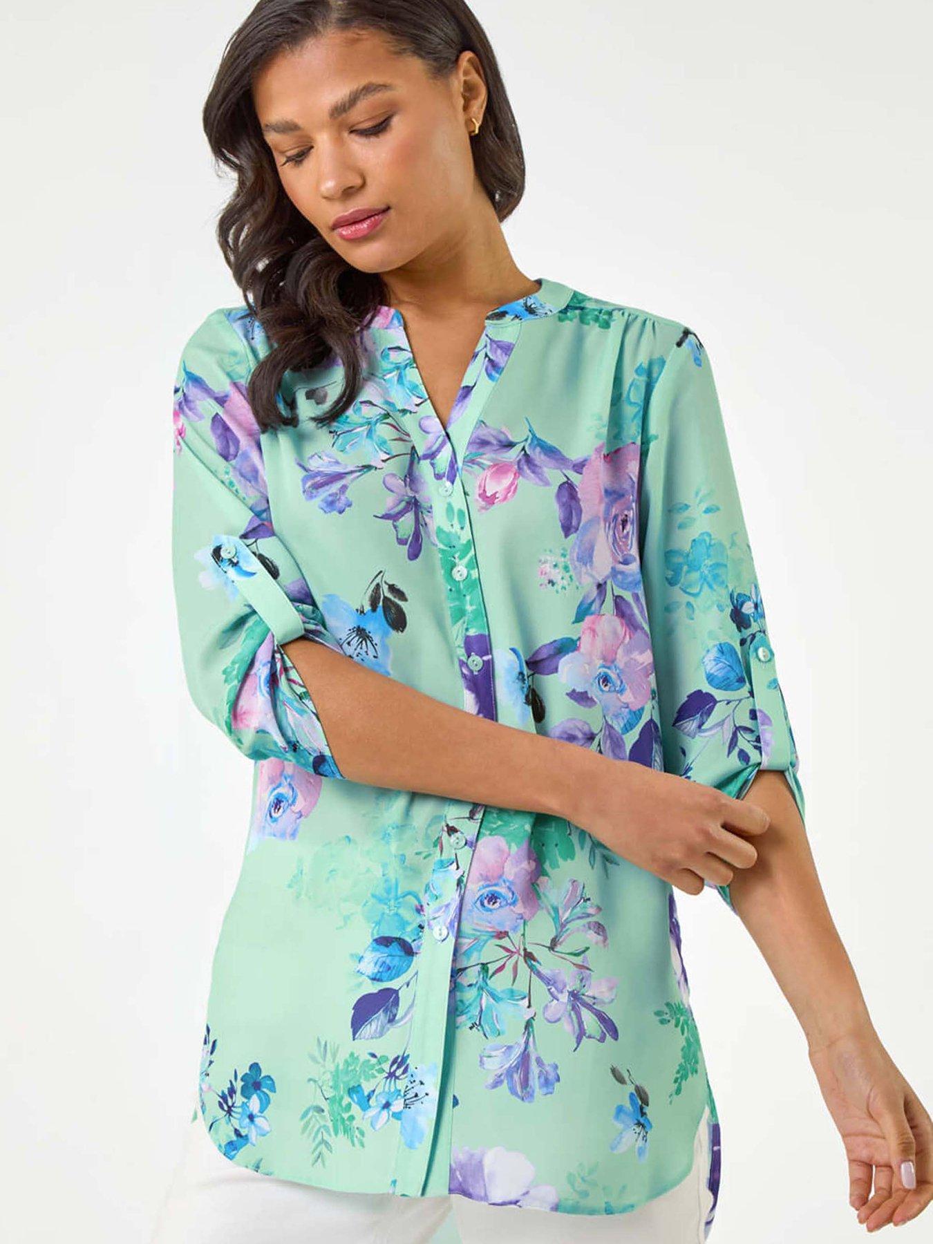 Image 1 of 5 of Roman Floral Print V-neck Blouse - Light Blue