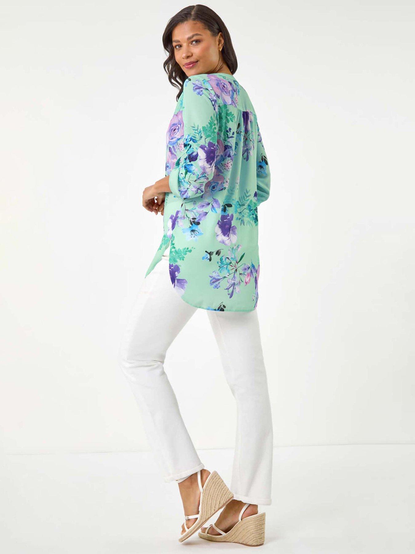 Image 2 of 5 of Roman Floral Print V-neck Blouse - Light Blue